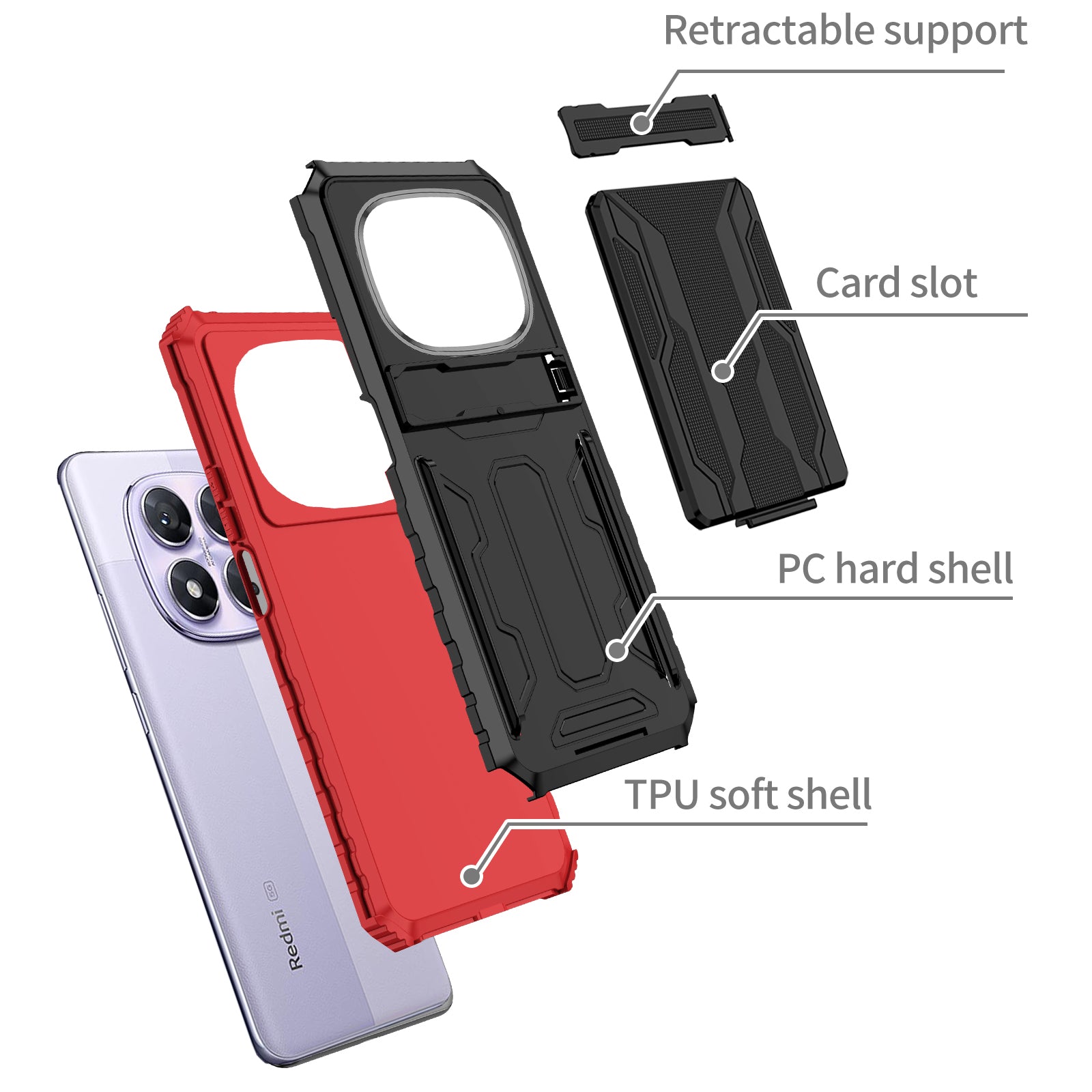 Xiaomi Redmi Note 14 Pro 5G Heavy Duty Kickstand Card Holder Case Shockproof Red