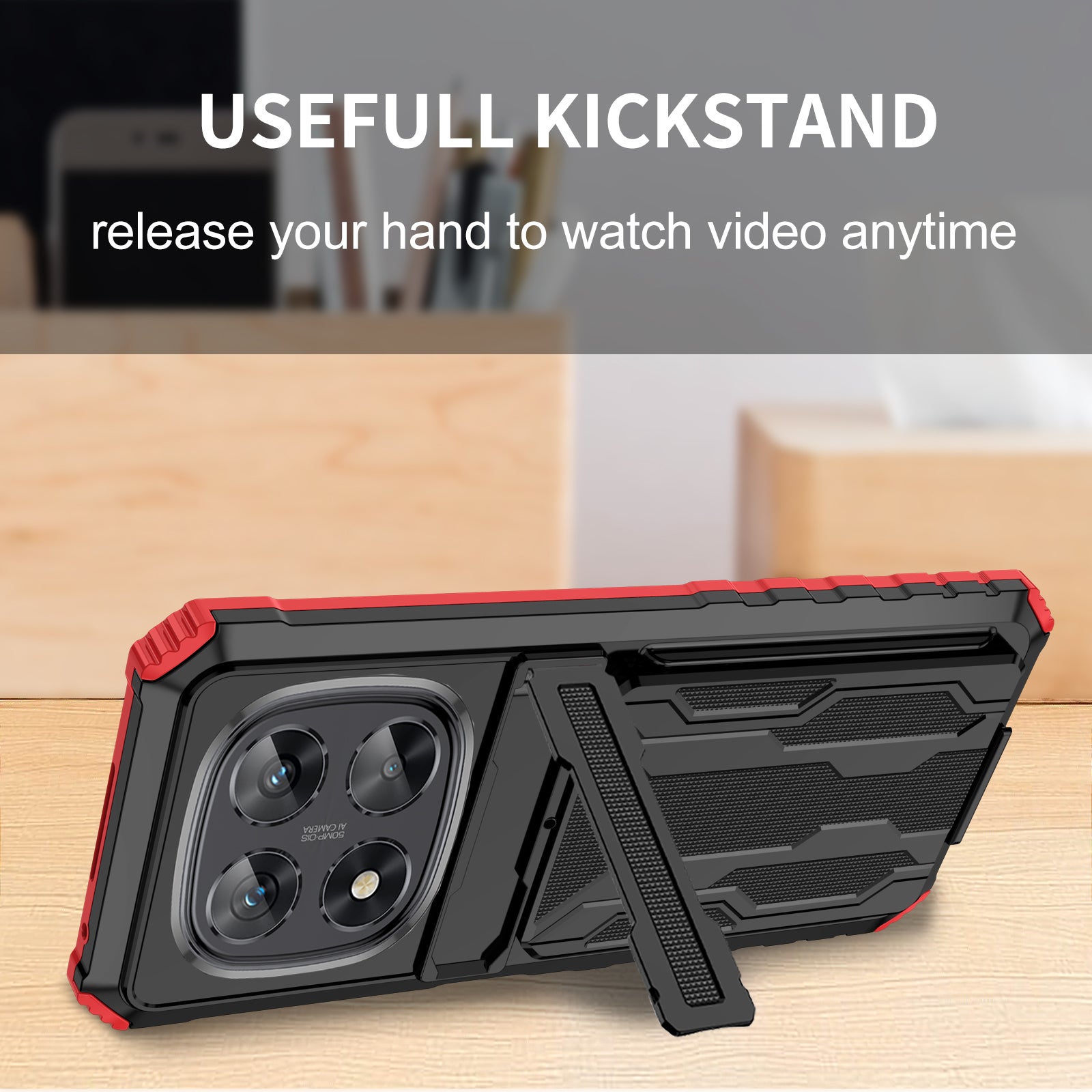 Xiaomi Redmi Note 14 Pro 5G Heavy Duty Kickstand Card Holder Case Shockproof Red