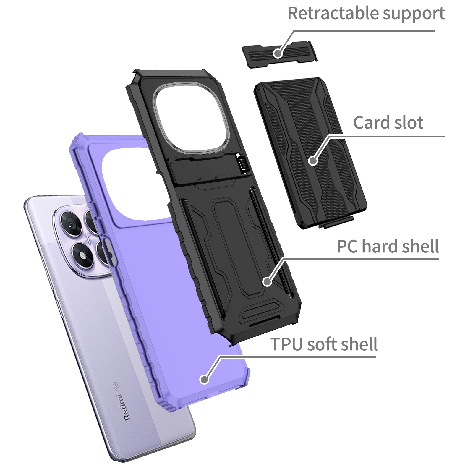 Xiaomi Redmi Note 14 Pro 5G Heavy Duty Kickstand Card Holder Case Shockproof Purple