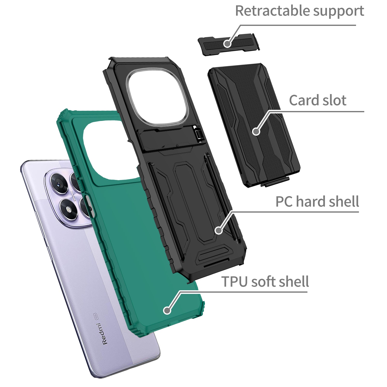 Xiaomi Redmi Note 14 Pro 5G Heavy Duty Kickstand Card Holder Case Shockproof Teal
