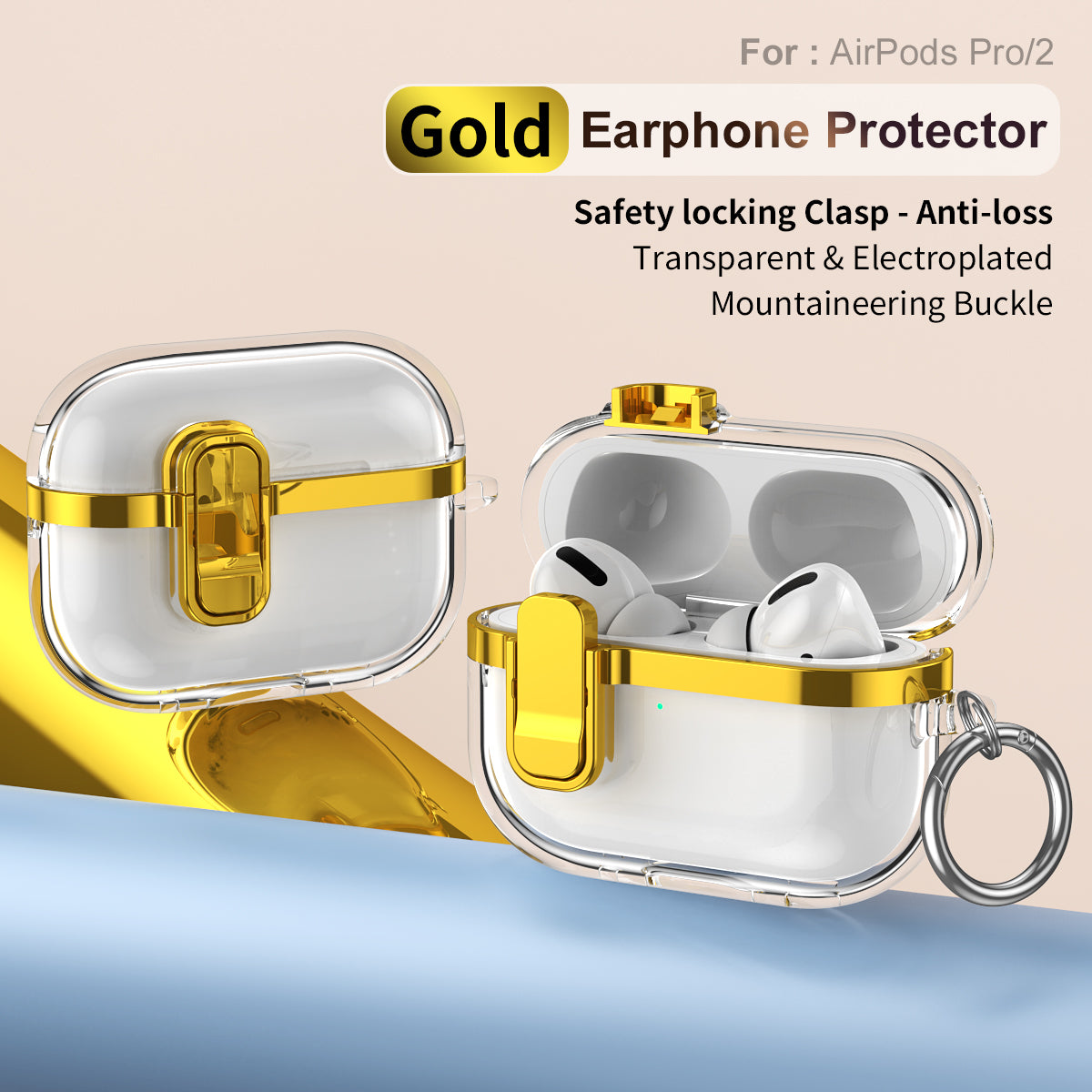 Apple AirPods Pro 2 Clear Lock TPU Protective Case with Metal Key Ring - Gold