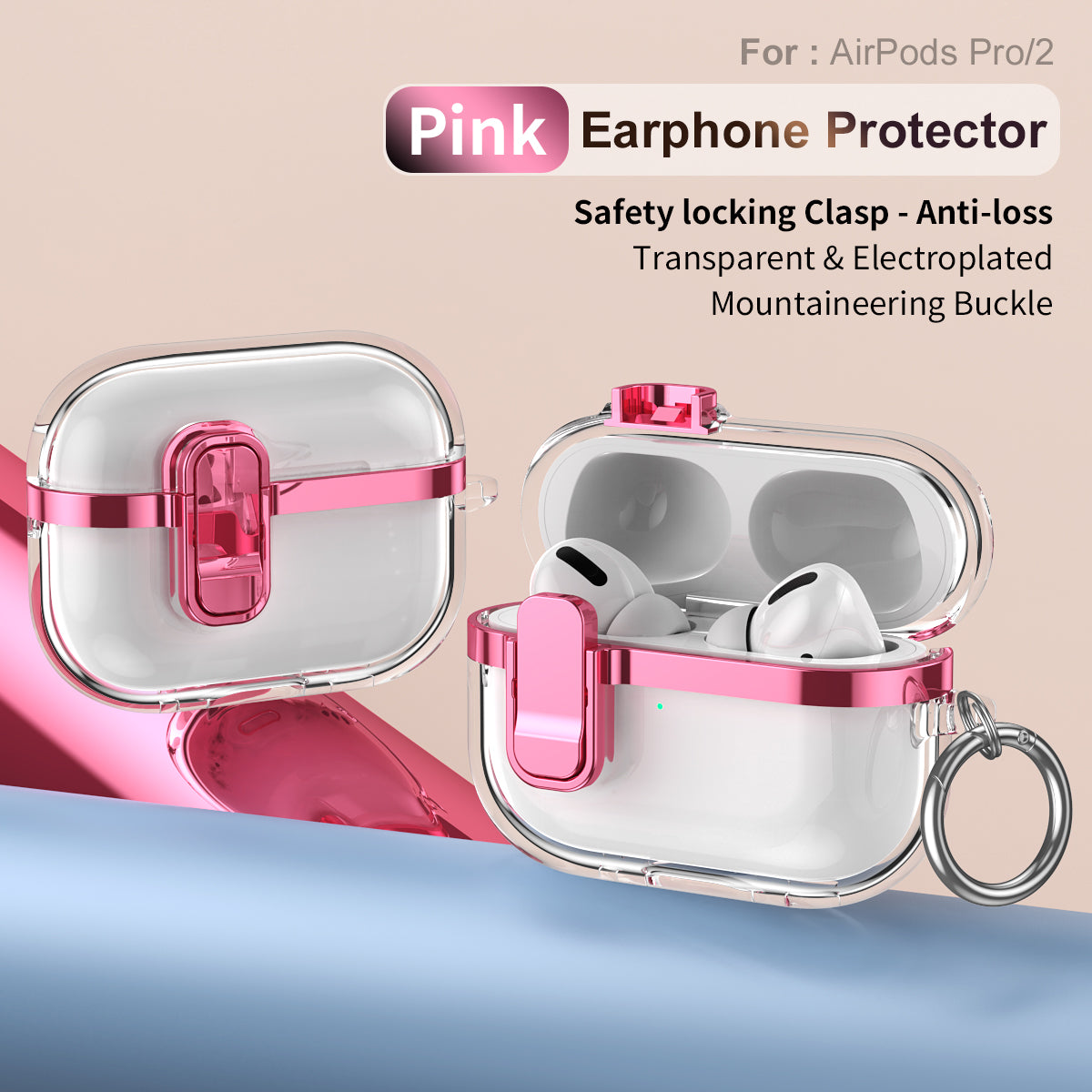 Apple AirPods Pro 2 Clear Lock TPU Protective Case with Metal Key Ring - Metallic Pink