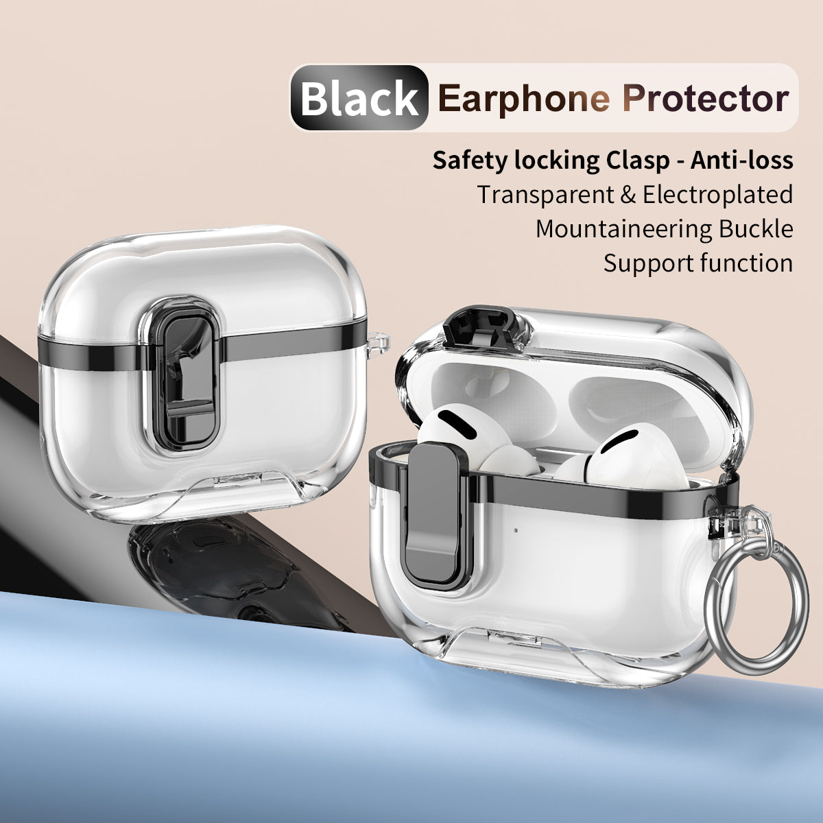 Apple AirPods Pro 3 Clear Lock TPU Protective Case with Metal Key Ring - Black