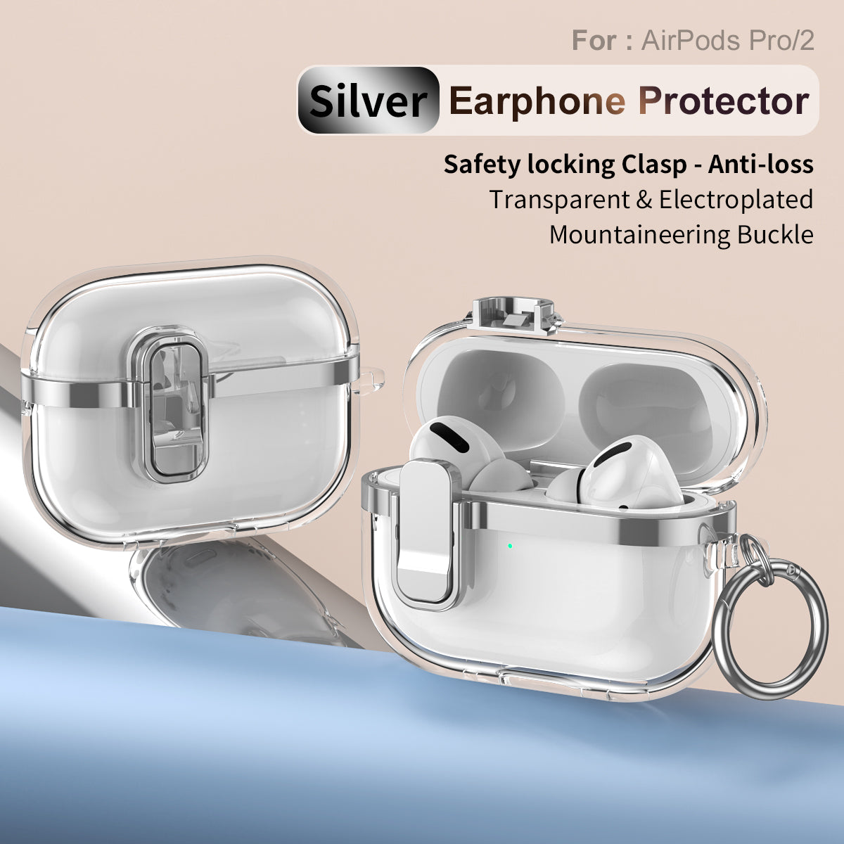 Apple AirPods Pro (1st Gen) Clear Lock TPU Protective Case with Metal Key Ring - Silver