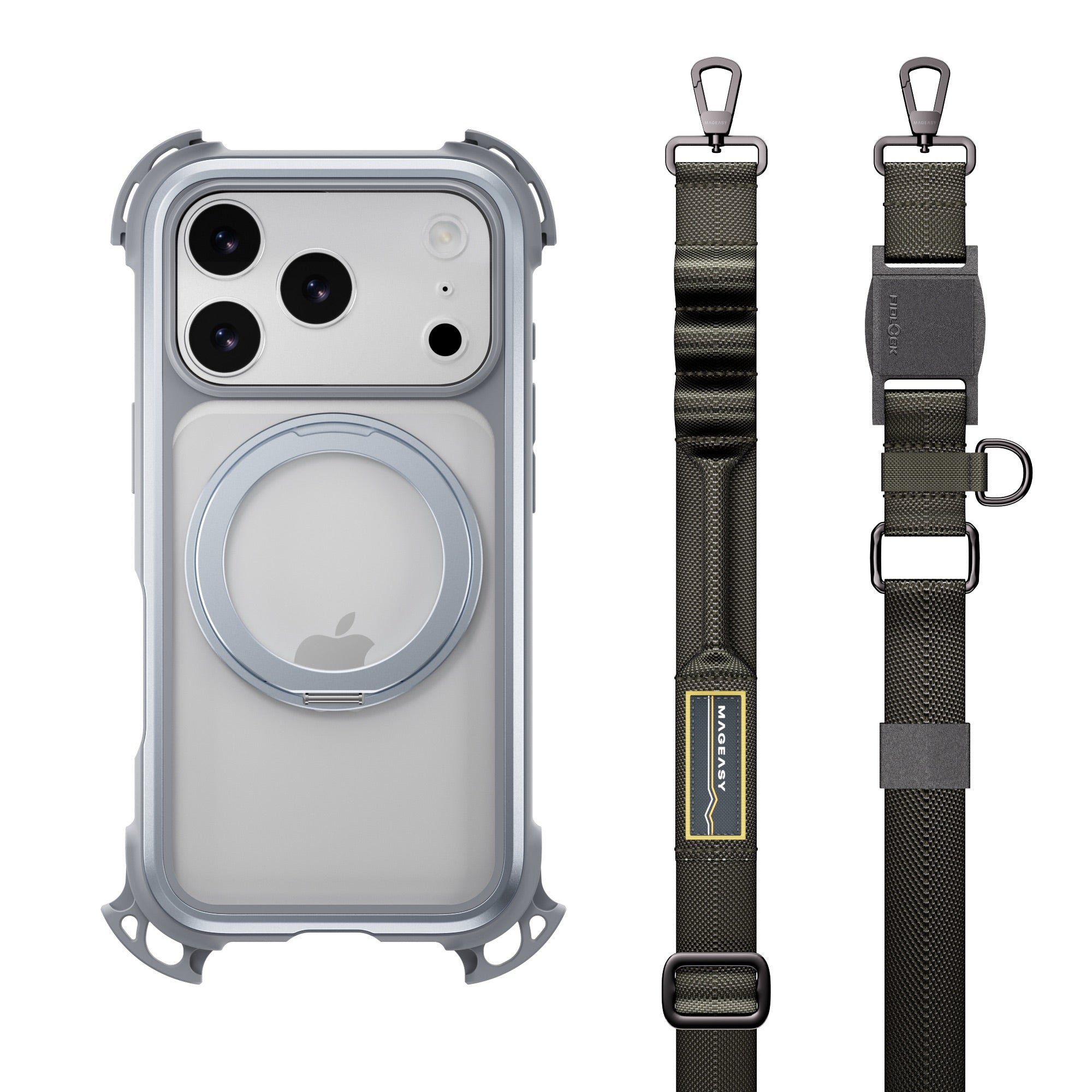 Mageasy Odyssey Ultra M 360 Stand with Lanyard MagSafe Rugged Case - iPhone 17 Pro - Mist/Gray