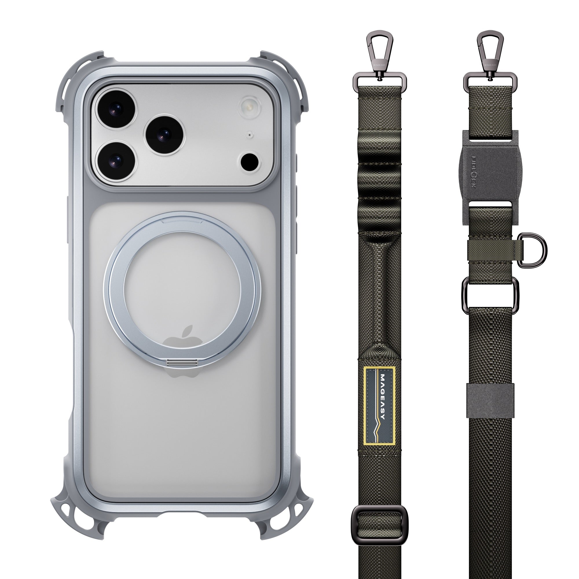 Mageasy Odyssey Ultra M 360 Stand with Lanyard MagSafe Rugged Case - iPhone 17 Pro Max - Mist/Gray