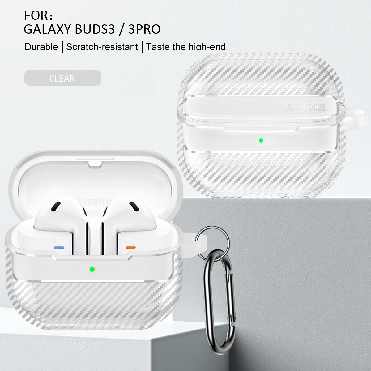 Samsung Galaxy Buds3 / Buds3Pro Carbon Firbre Case with Carabiner - Frosted Clear