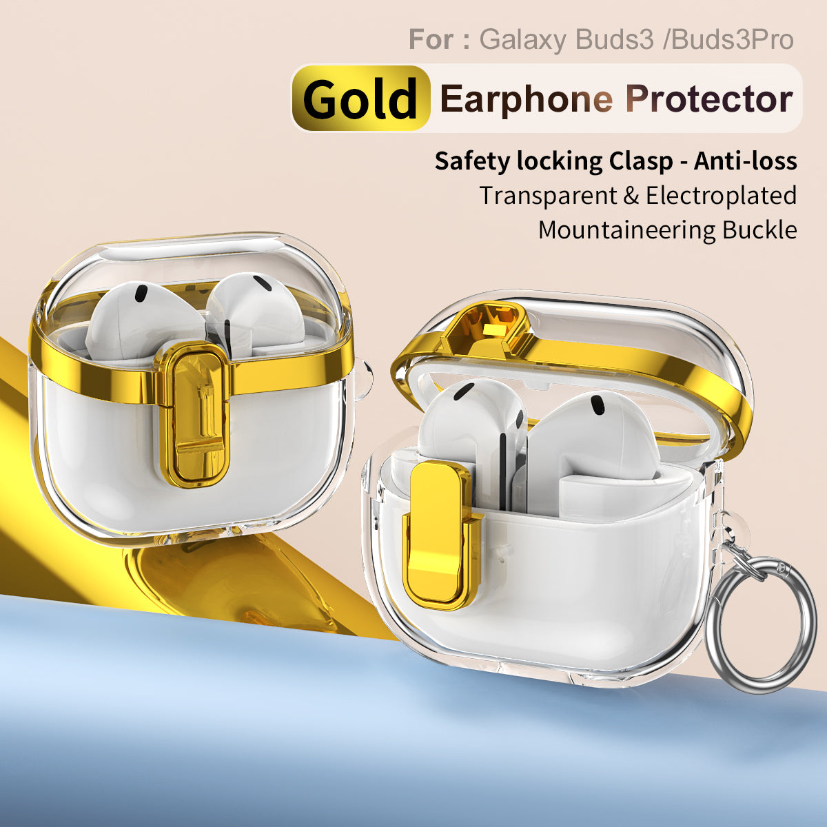 Samsung Galaxy Buds3 / Buds3Pro Clear Lock TPU Protective Case with Metal Key Ring - Gold