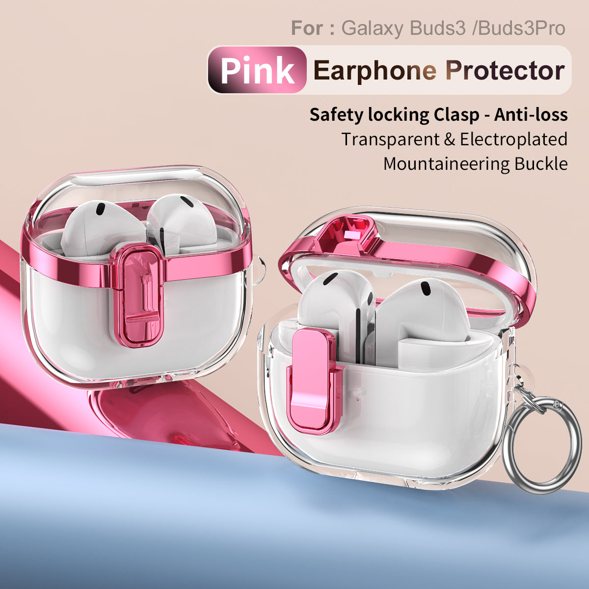 Samsung Galaxy Buds3 / Buds3Pro Clear Lock TPU Protective Case with Metal Key Ring - Metallic Pink