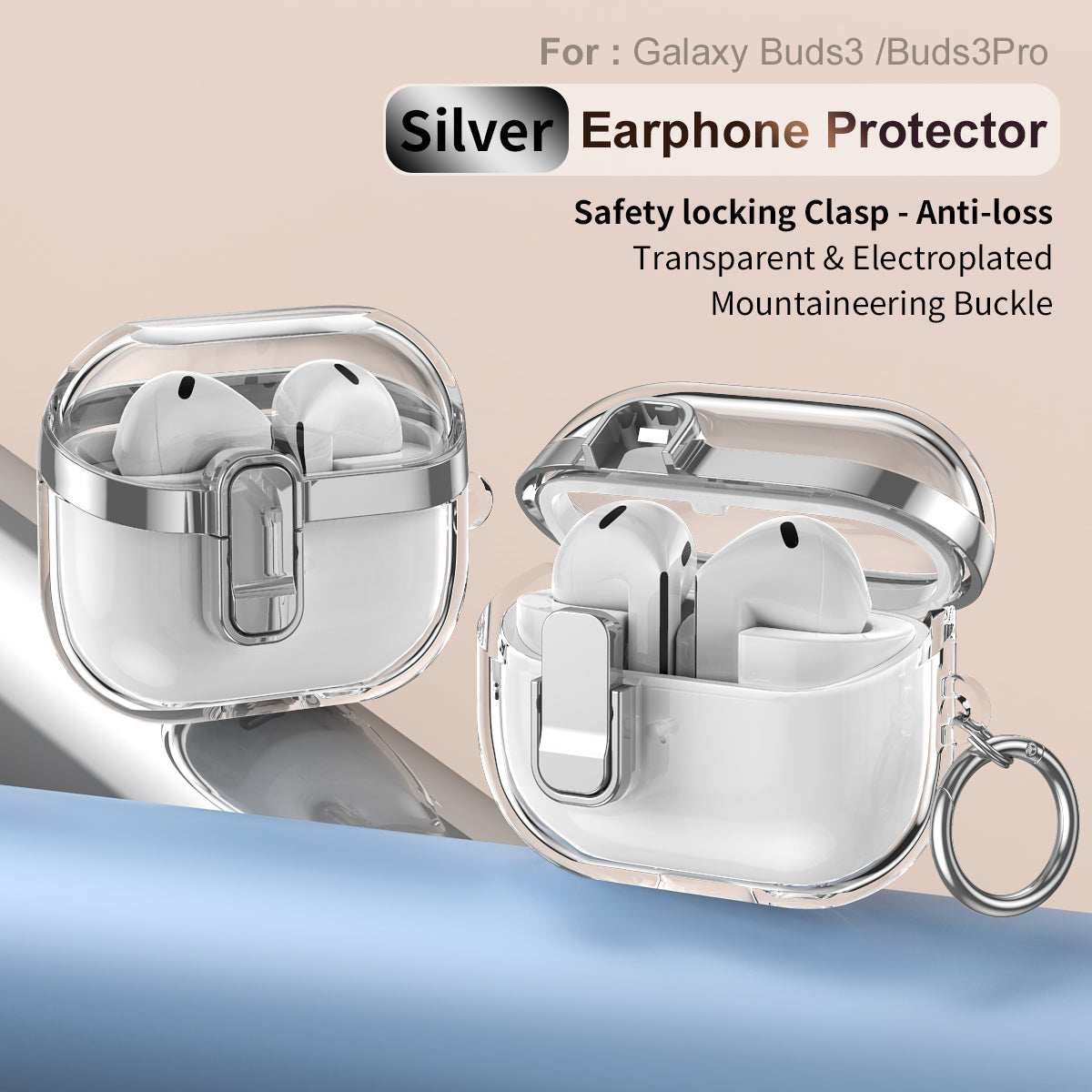 Samsung Galaxy Buds3 / Buds3Pro Clear Lock TPU Protective Case with Metal Key Ring - Silver