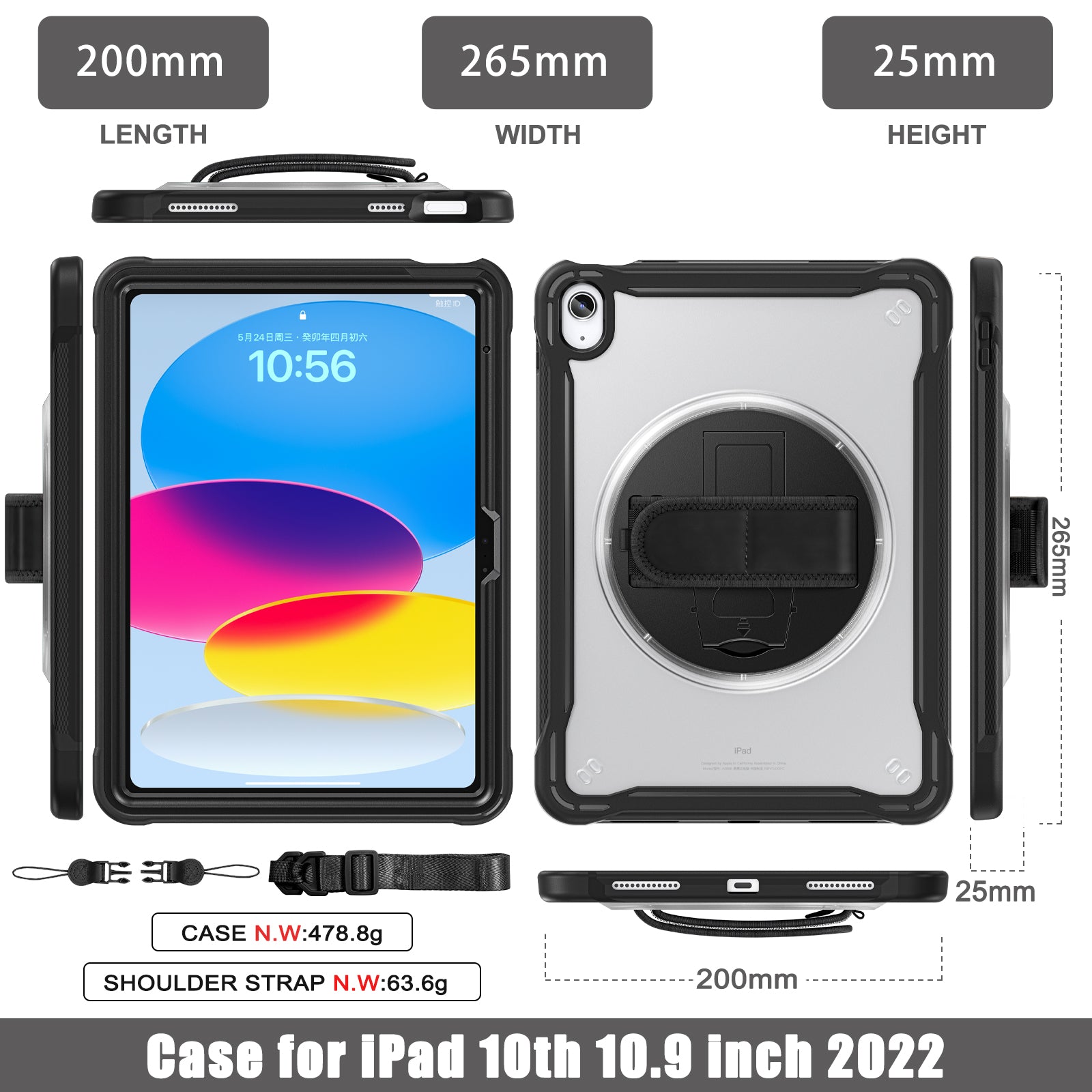 iPad 11" (A16, 2024) / iPad 10 (2022) Rugged Case - 360° Stand, Hand & Shoulder Strap - Shockproof - Black