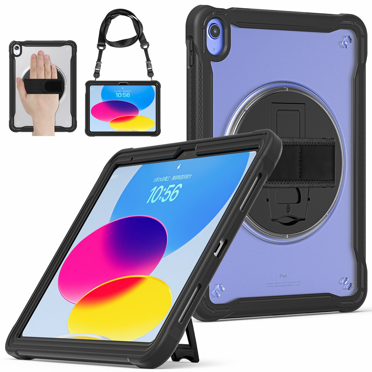 iPad 11" (A16, 2024) / iPad 10 (2022) Rugged Case - 360° Stand, Hand & Shoulder Strap - Shockproof - Black
