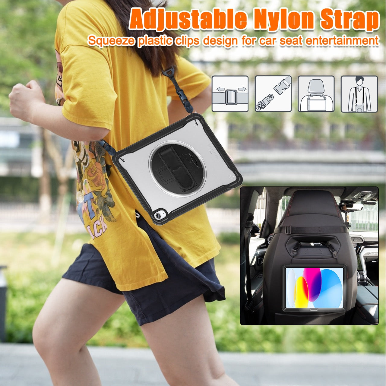 iPad 11" (A16, 2024) / iPad 10 (2022) Rugged Case - 360° Stand, Hand & Shoulder Strap - Shockproof - Black
