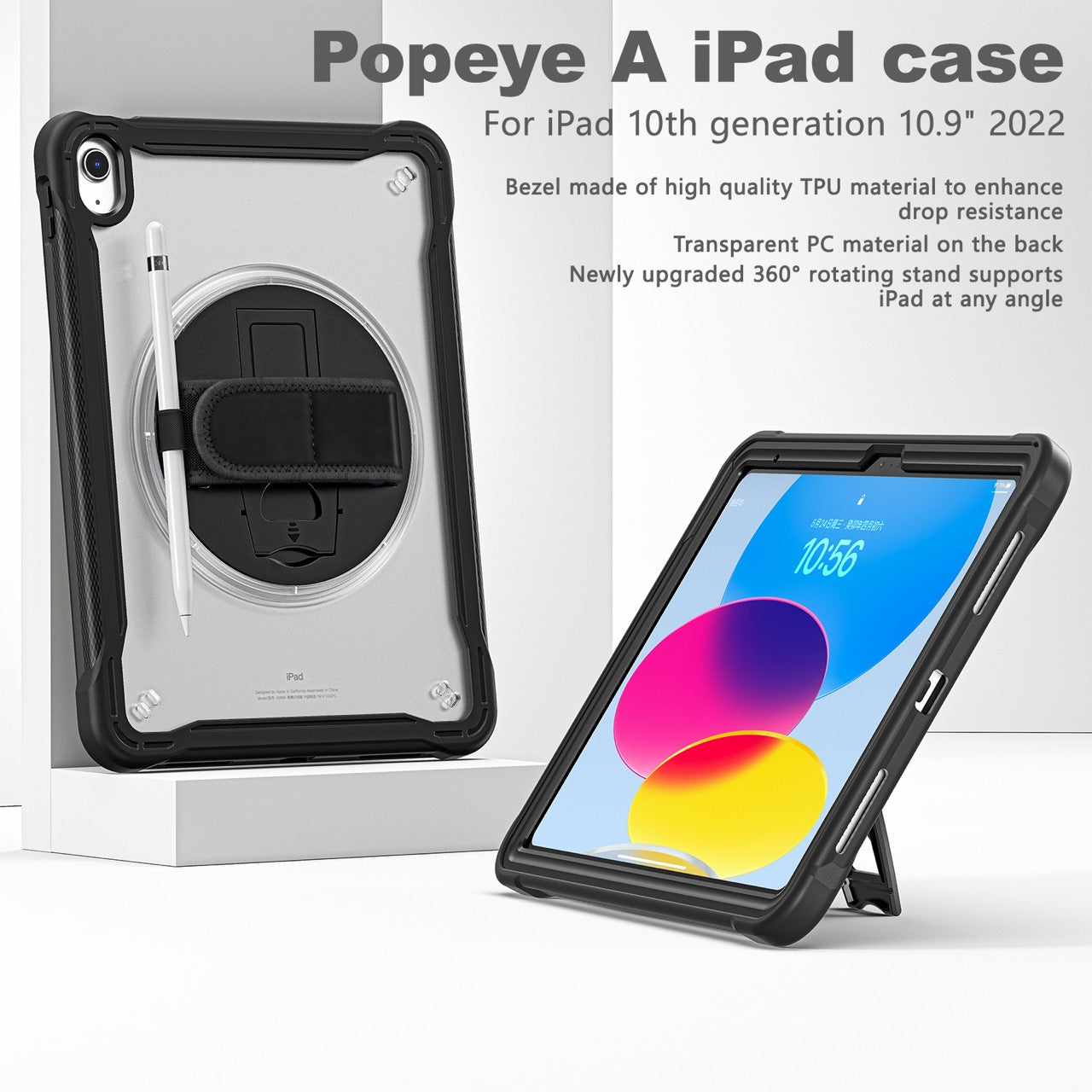 iPad 11" (A16, 2024) / iPad 10 (2022) Rugged Case - 360° Stand, Hand & Shoulder Strap - Shockproof - Black