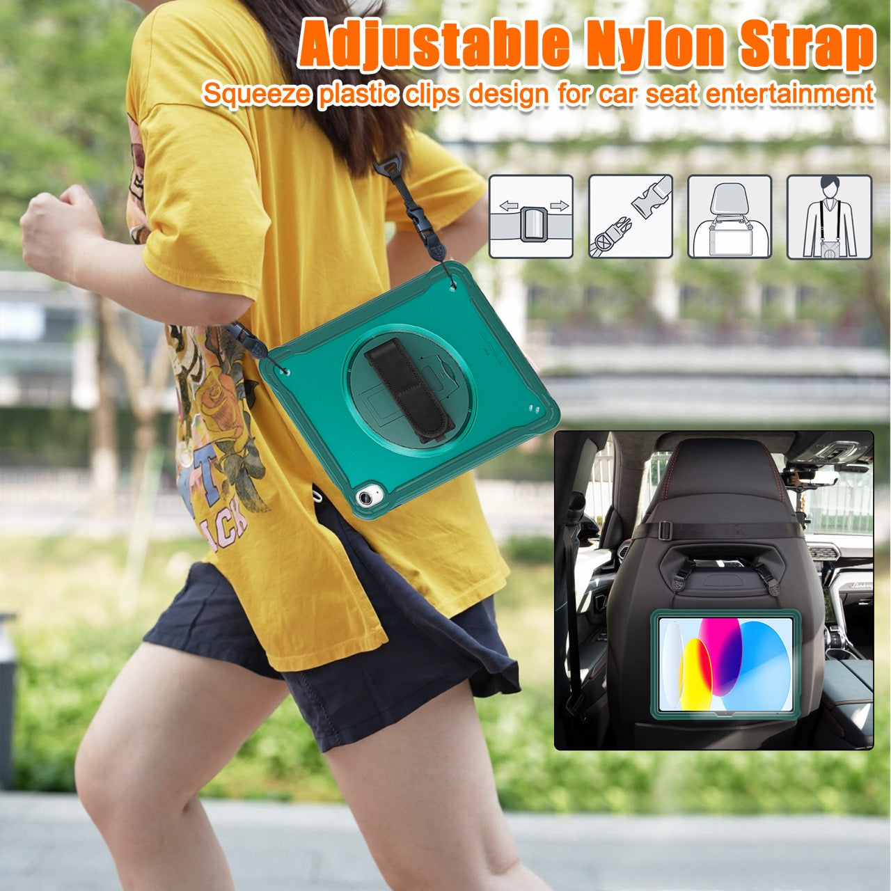 iPad 11" (A16, 2024) / iPad 10 (2022) Rugged Case - 360° Stand, Hand & Shoulder Strap - Shockproof - Green