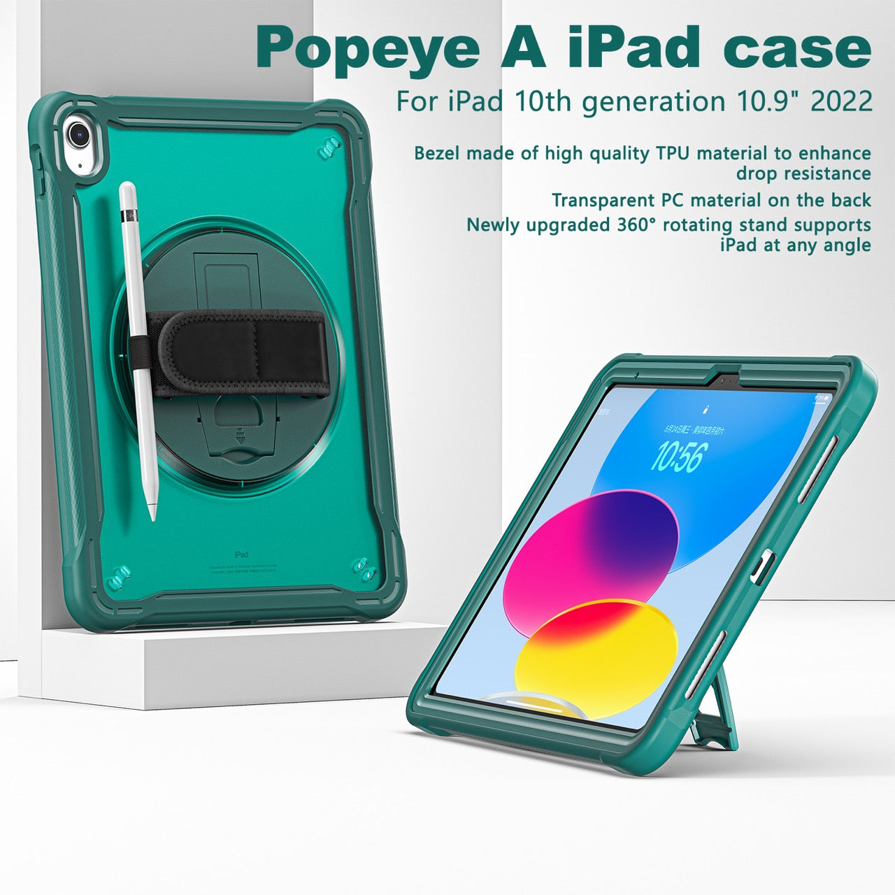 iPad 11" (A16, 2024) / iPad 10 (2022) Rugged Case - 360° Stand, Hand & Shoulder Strap - Shockproof - Green