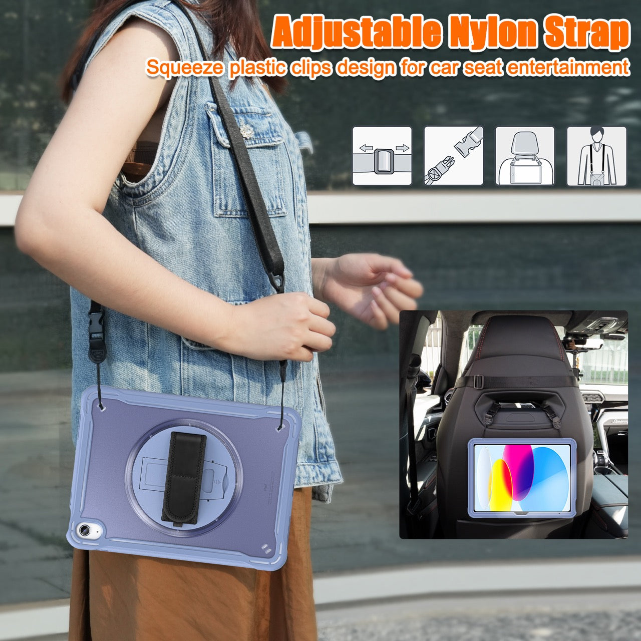 iPad 11" (A16, 2024) / iPad 10 (2022) Rugged Case - 360° Stand, Hand & Shoulder Strap - Shockproof - Lavender