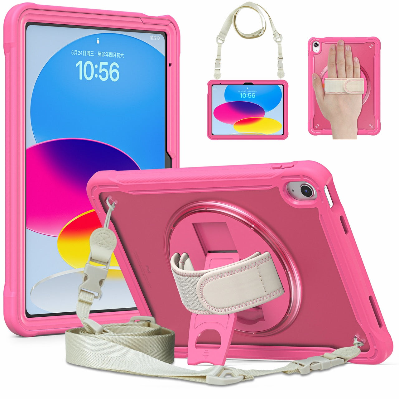 iPad 11" (A16, 2024) / iPad 10 (2022) Rugged Case - 360° Stand, Hand & Shoulder Strap - Shockproof - Rose