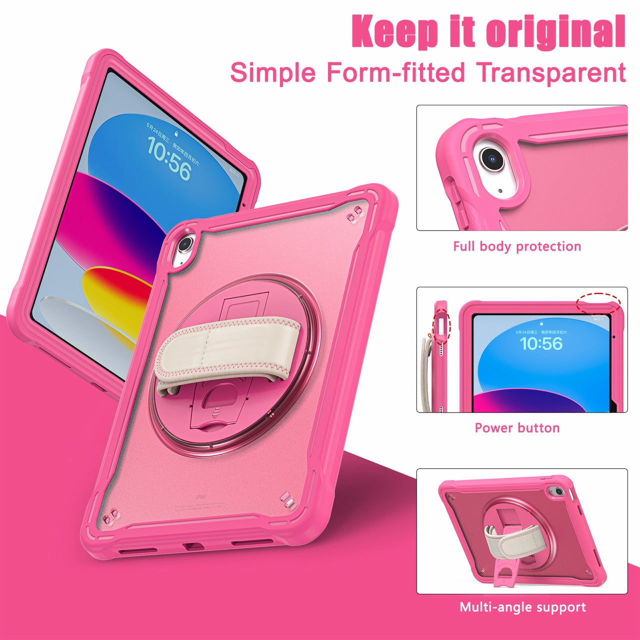 iPad 11" (A16, 2024) / iPad 10 (2022) Rugged Case - 360° Stand, Hand & Shoulder Strap - Shockproof - Rose