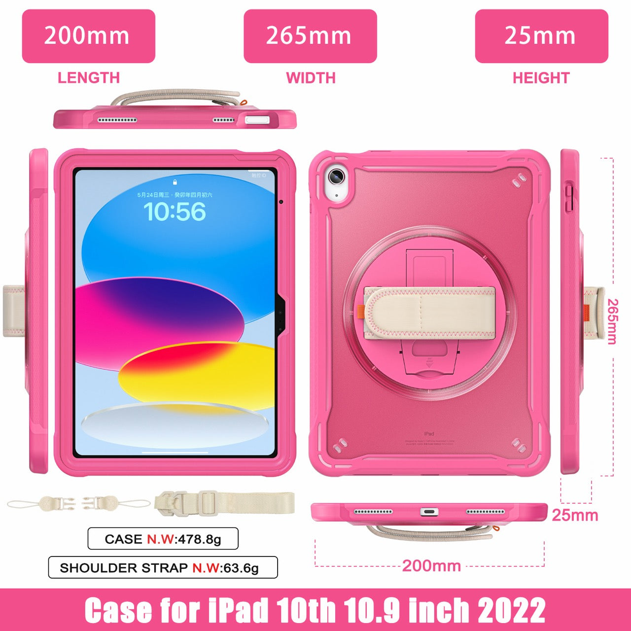 iPad 11" (A16, 2024) / iPad 10 (2022) Rugged Case - 360° Stand, Hand & Shoulder Strap - Shockproof - Rose