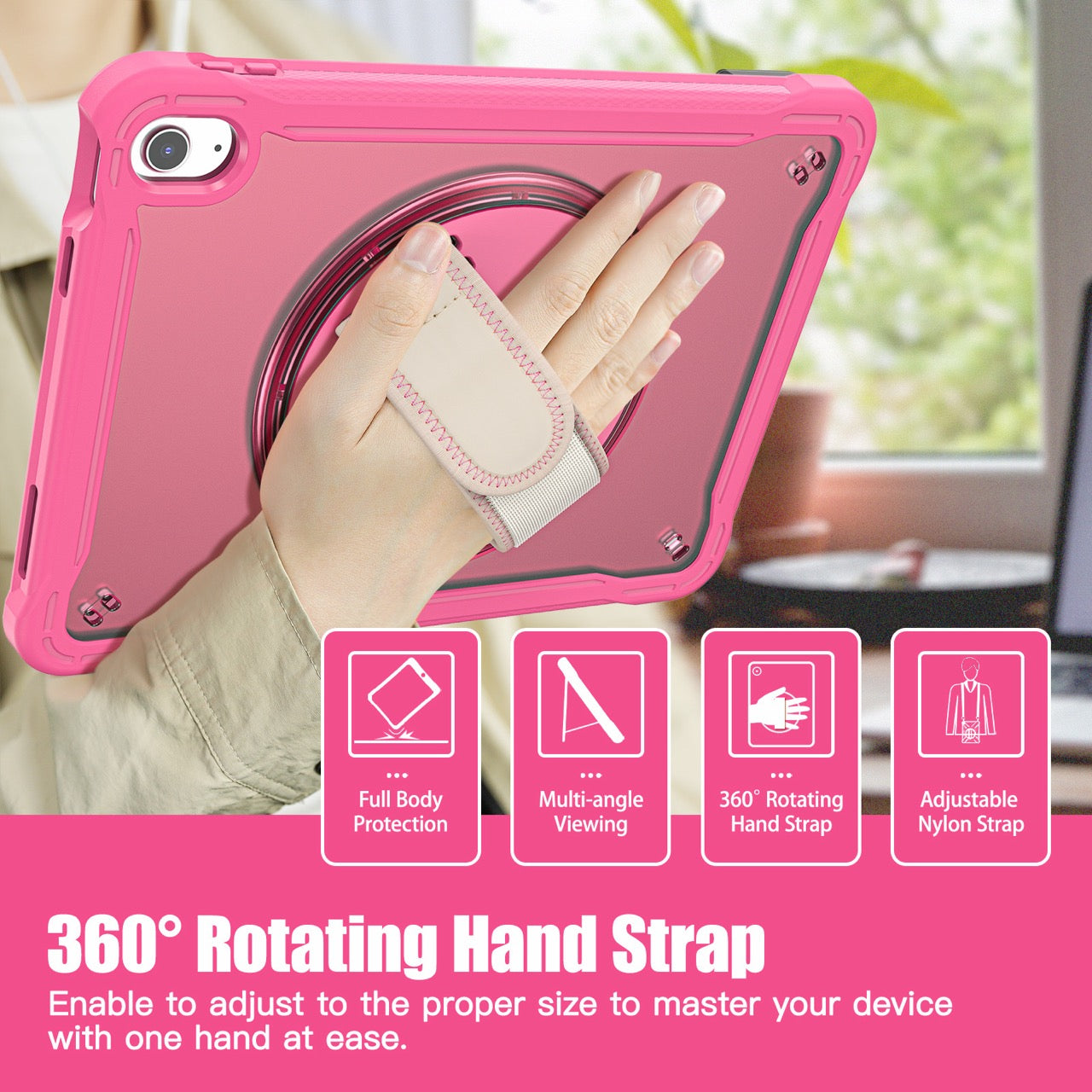 iPad 11" (A16, 2024) / iPad 10 (2022) Rugged Case - 360° Stand, Hand & Shoulder Strap - Shockproof - Rose