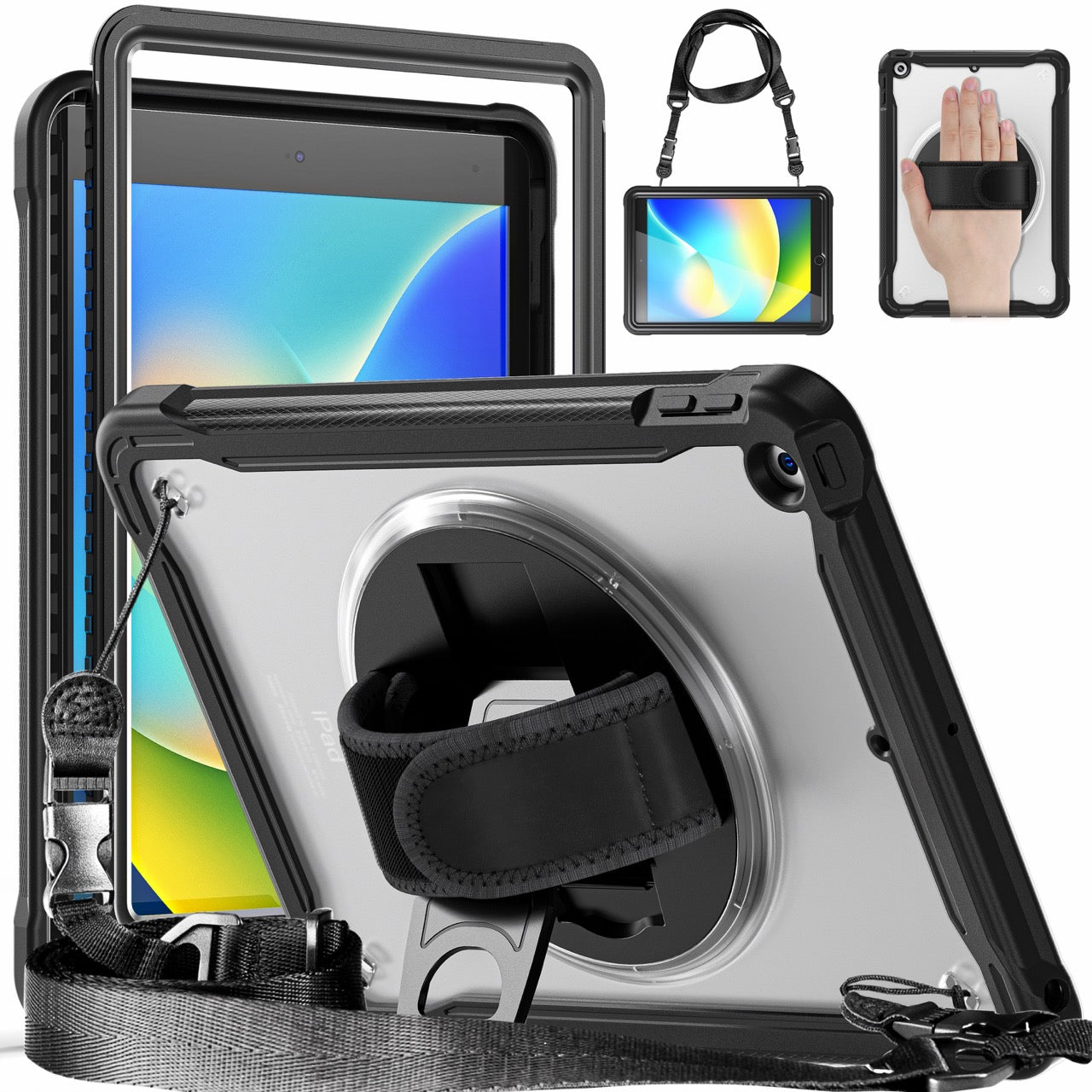 iPad 10.2" (7th/8th/9th Gen) Rugged Case - 360° Stand, Hand & Shoulder Strap - Shockproof - Black