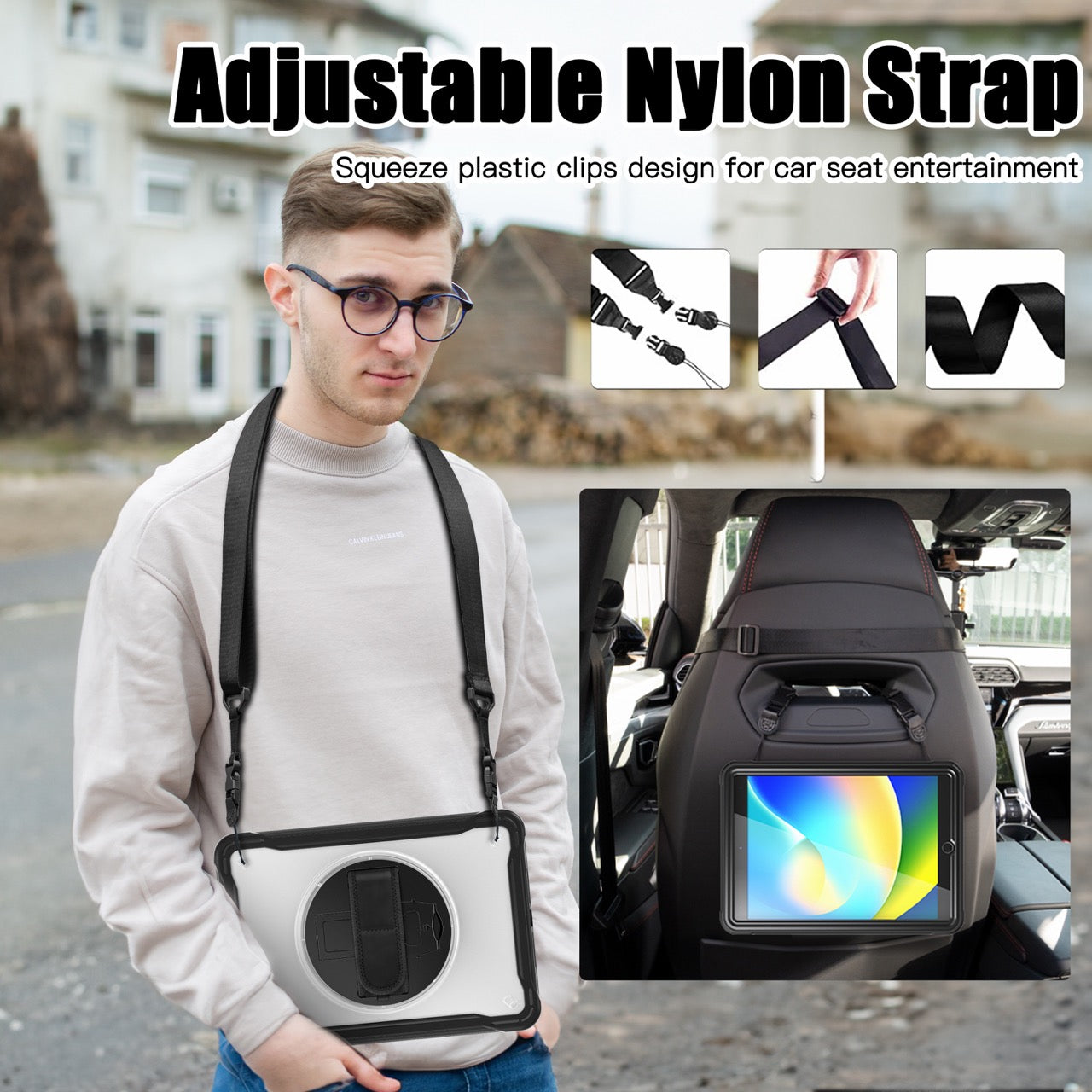 iPad 10.2" (7th/8th/9th Gen) Rugged Case - 360° Stand, Hand & Shoulder Strap - Shockproof - Black