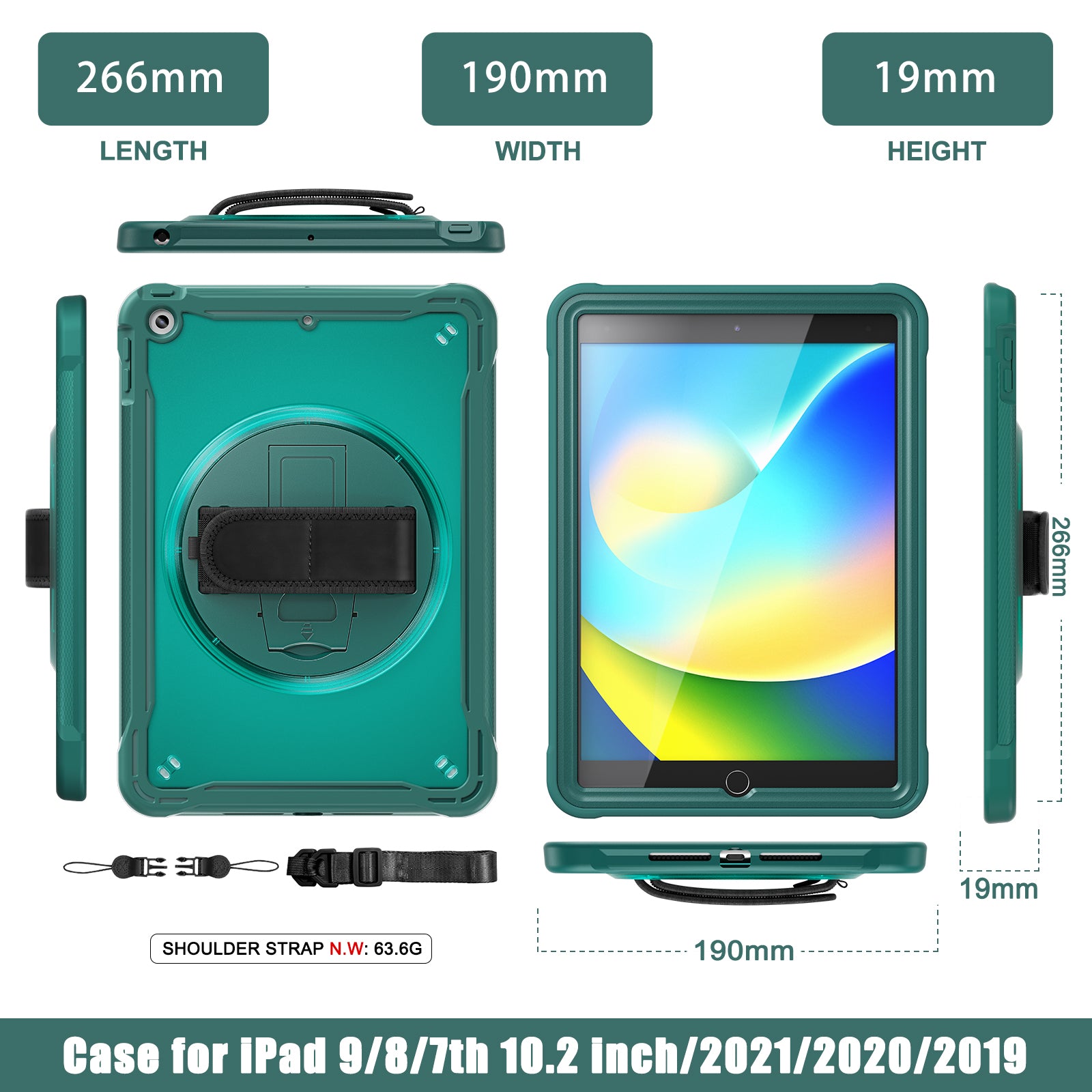 iPad 10.2" (7th/8th/9th Gen) Rugged Case - 360° Stand, Hand & Shoulder Strap - Shockproof - Green