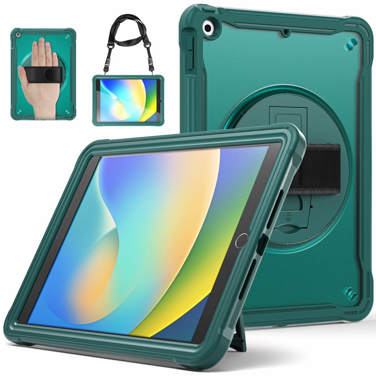 iPad 10.2" (7th/8th/9th Gen) Rugged Case - 360° Stand, Hand & Shoulder Strap - Shockproof - Green