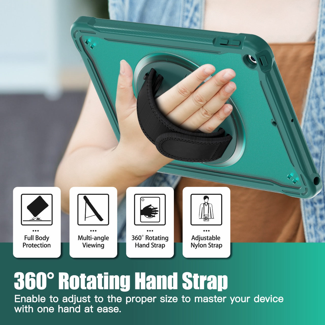 iPad 10.2" (7th/8th/9th Gen) Rugged Case - 360° Stand, Hand & Shoulder Strap - Shockproof - Green