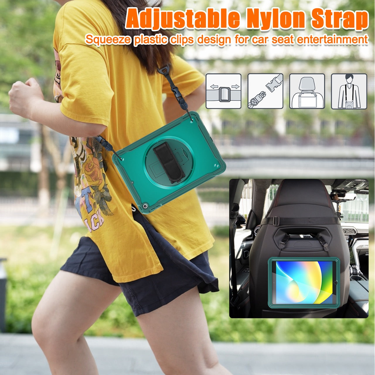 iPad 10.2" (7th/8th/9th Gen) Rugged Case - 360° Stand, Hand & Shoulder Strap - Shockproof - Green