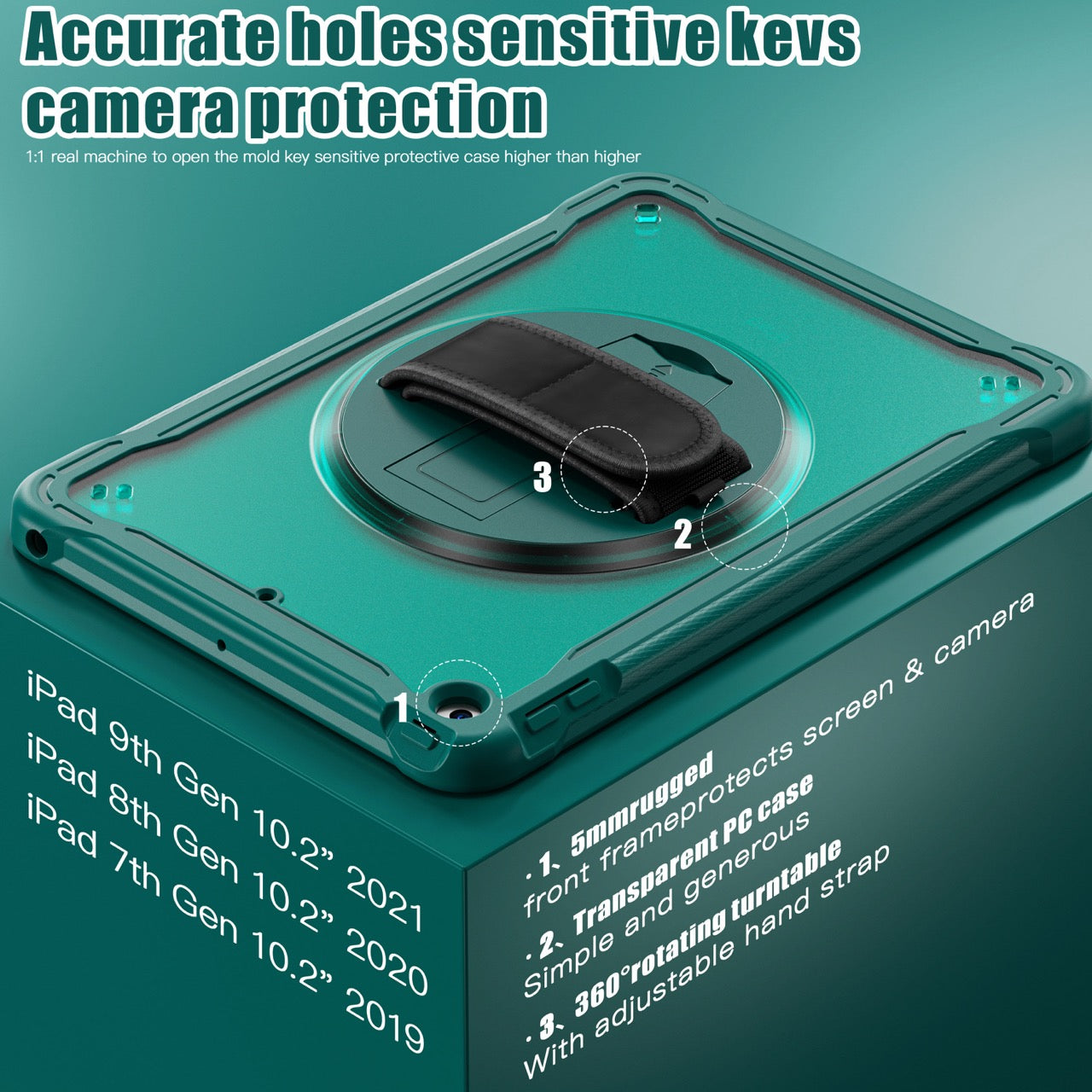 iPad 10.2" (7th/8th/9th Gen) Rugged Case - 360° Stand, Hand & Shoulder Strap - Shockproof - Green