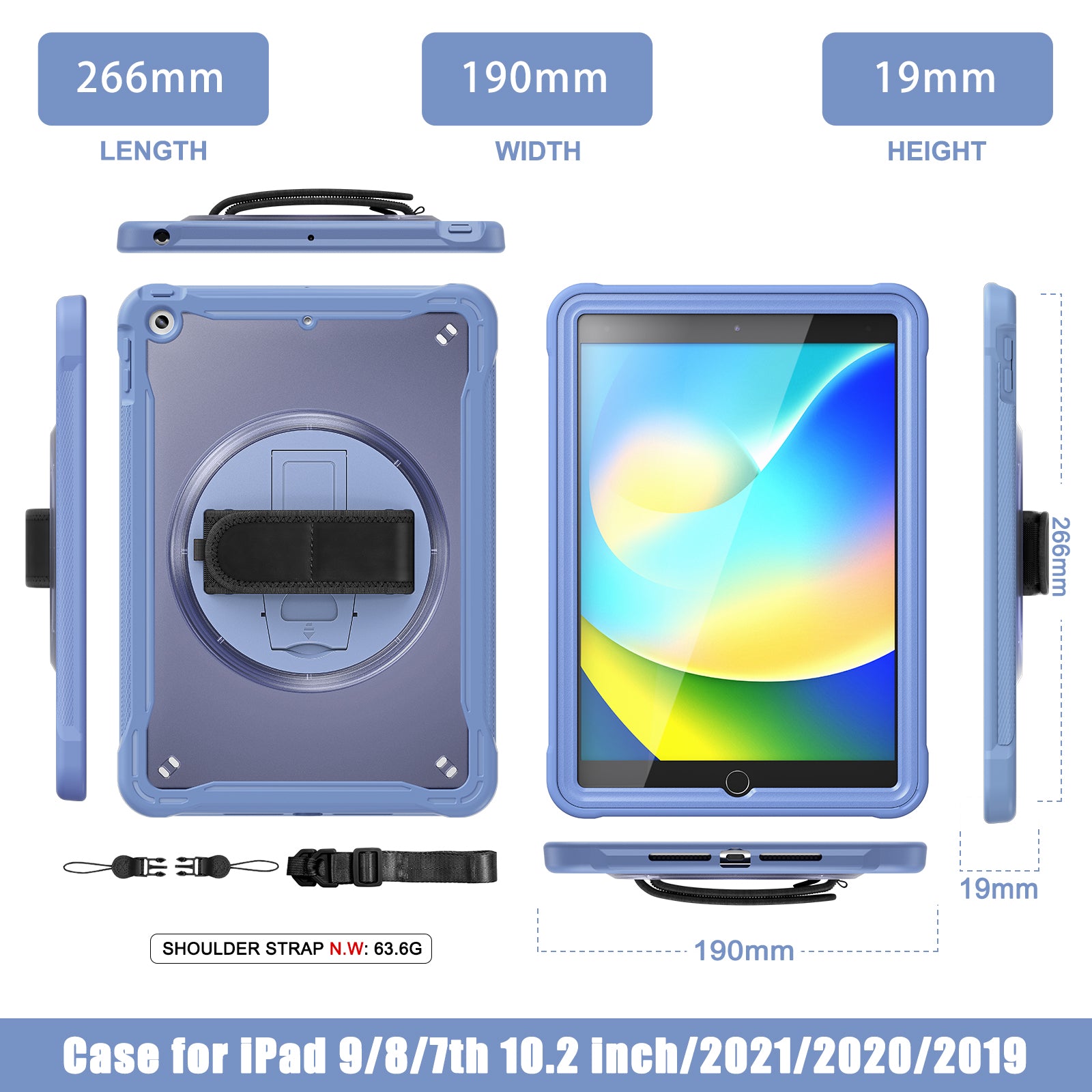 iPad 10.2" (7th/8th/9th Gen) Rugged Case - 360° Stand, Hand & Shoulder Strap - Shockproof - Lavender