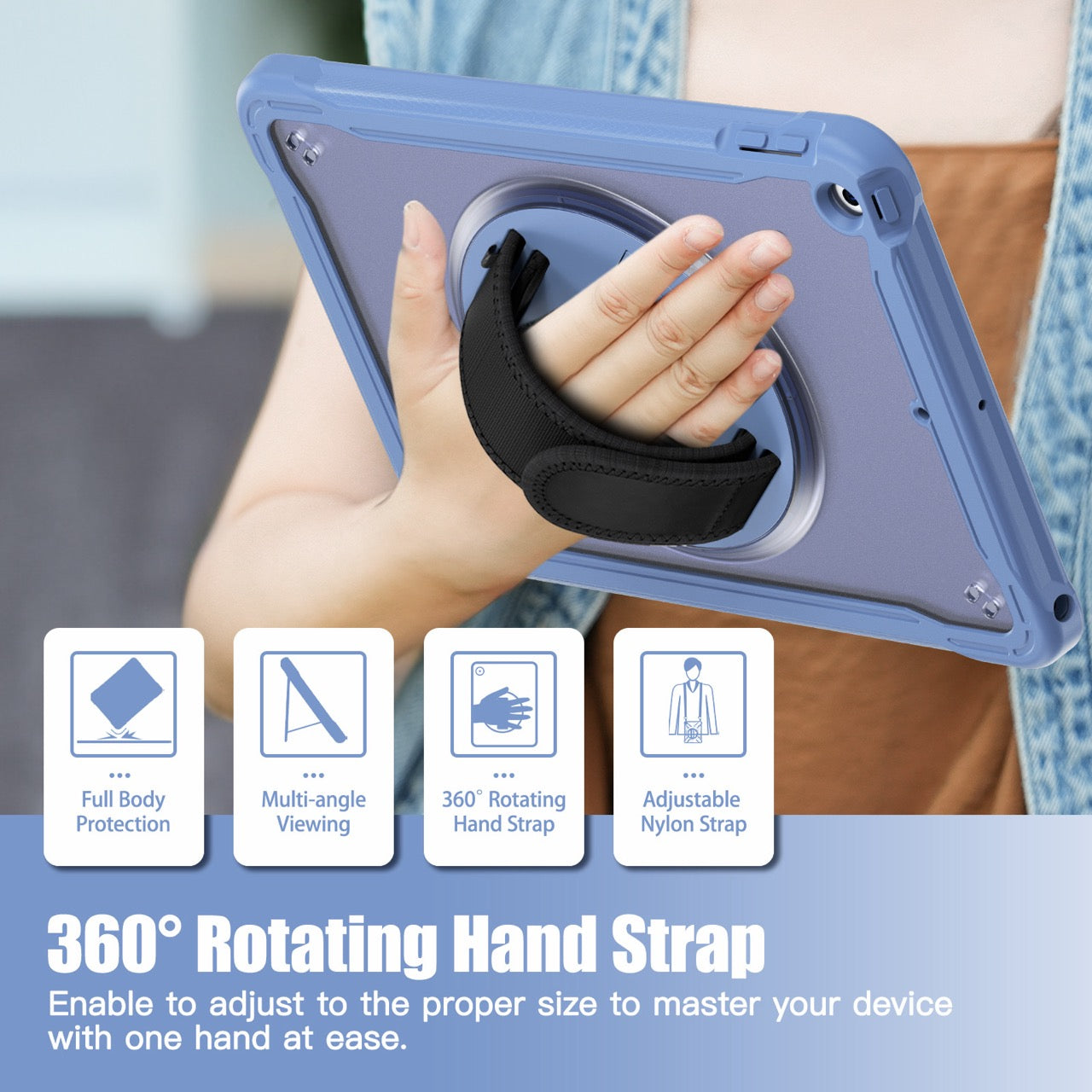 iPad 10.2" (7th/8th/9th Gen) Rugged Case - 360° Stand, Hand & Shoulder Strap - Shockproof - Lavender