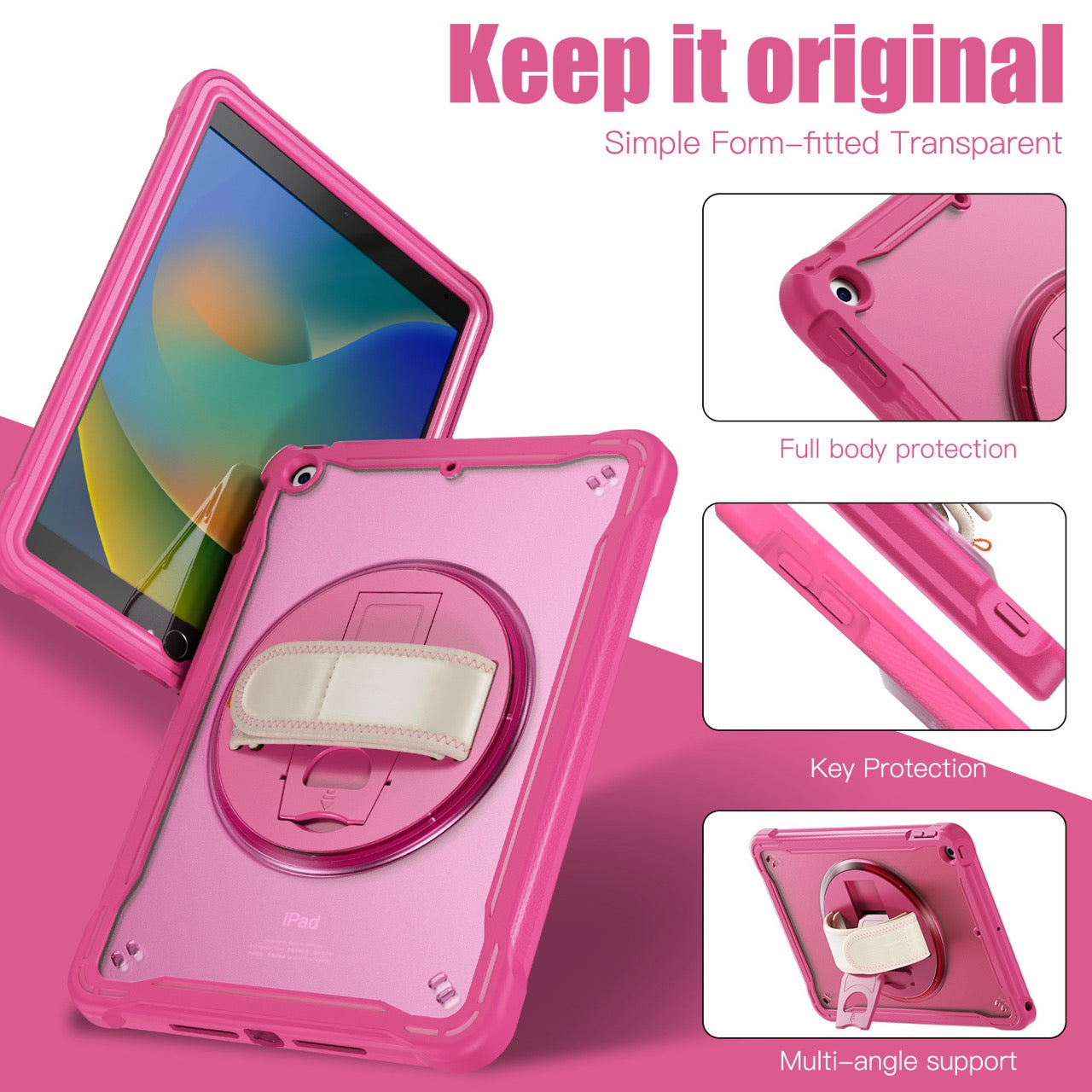 iPad 10.2" (7th/8th/9th Gen) Rugged Case - 360° Stand, Hand & Shoulder Strap - Shockproof - Rose