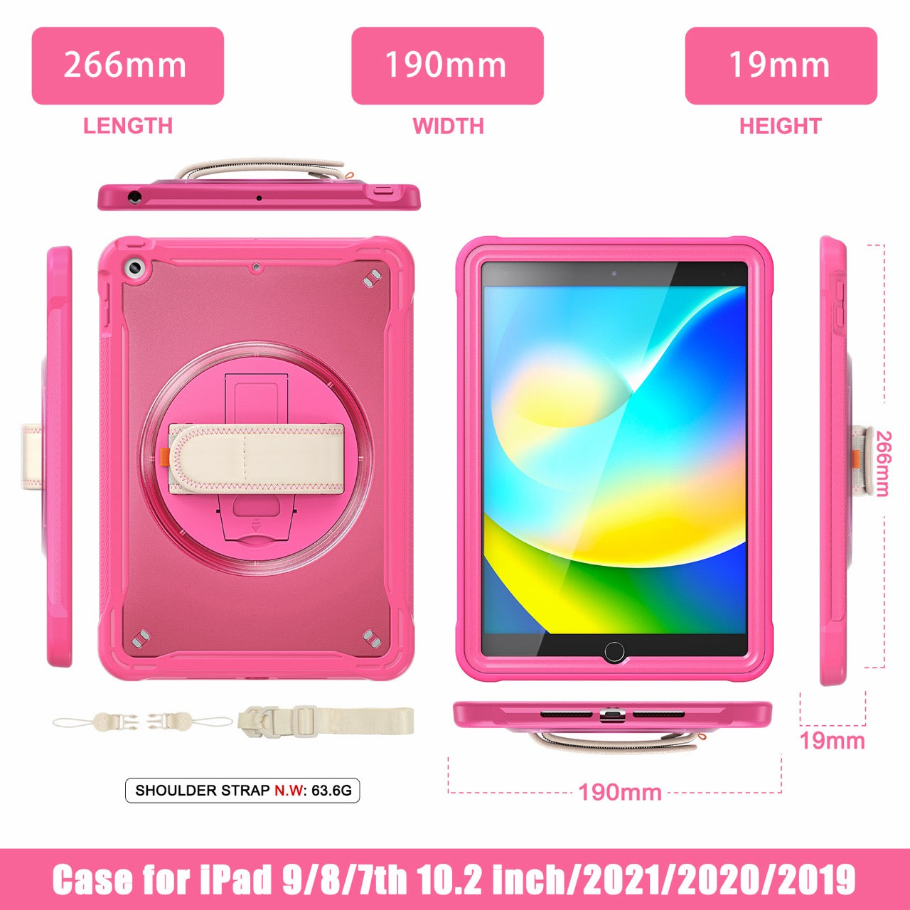 iPad 10.2" (7th/8th/9th Gen) Rugged Case - 360° Stand, Hand & Shoulder Strap - Shockproof - Rose
