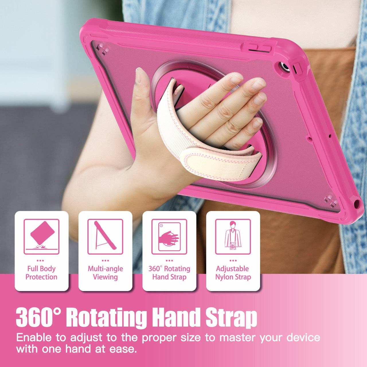 iPad 10.2" (7th/8th/9th Gen) Rugged Case - 360° Stand, Hand & Shoulder Strap - Shockproof - Rose