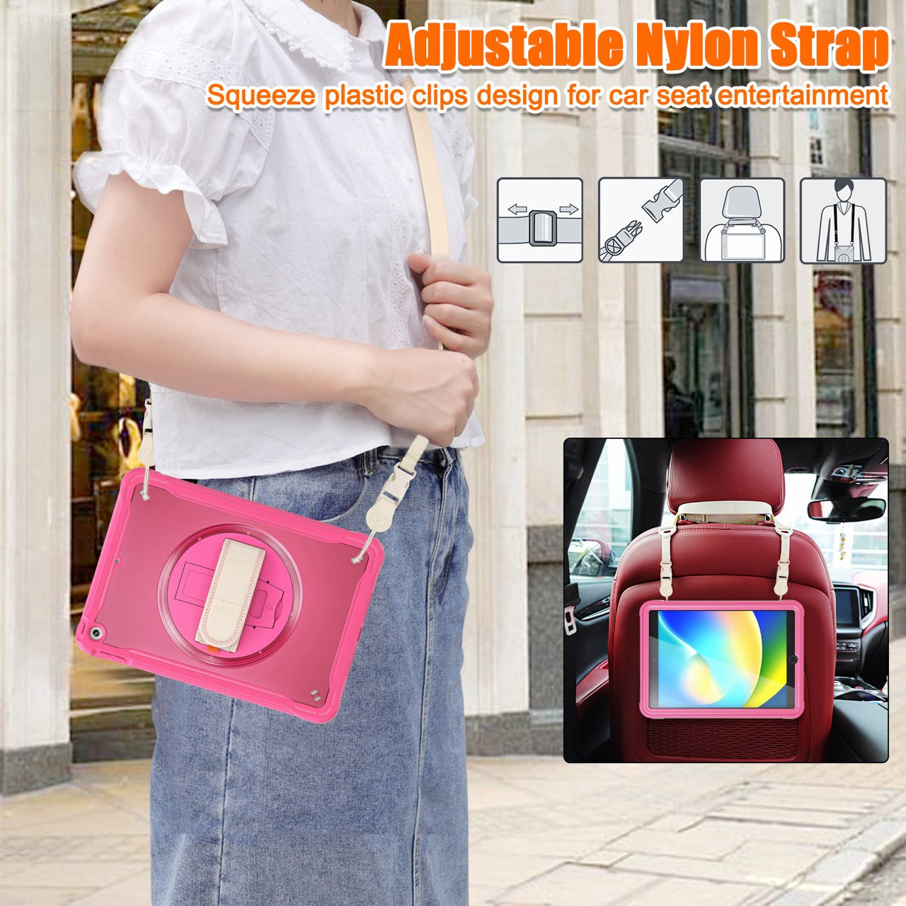 iPad 10.2" (7th/8th/9th Gen) Rugged Case - 360° Stand, Hand & Shoulder Strap - Shockproof - Rose