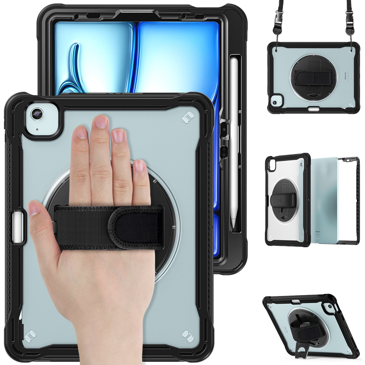 iPad Air 11" / 10.9" Rugged Case - 360° Stand, Hand & Shoulder Strap - Shockproof (M2/M3/M4) - Black