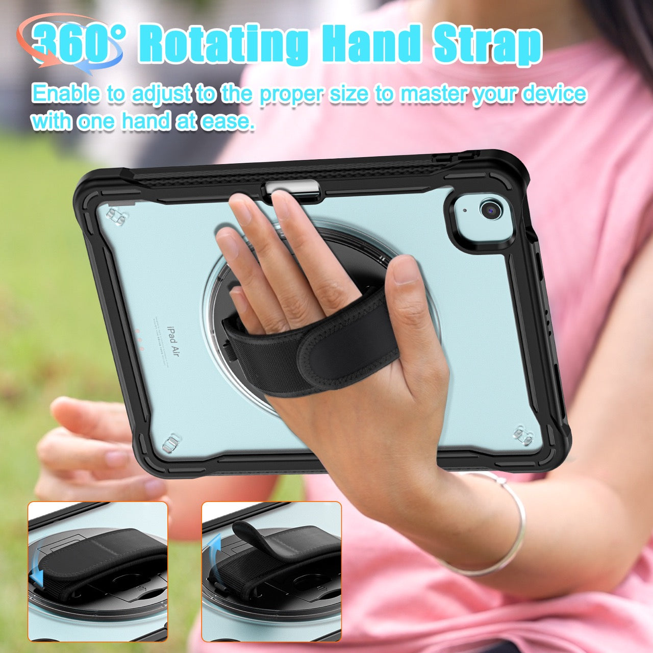 iPad Air 11" / 10.9" Rugged Case - 360° Stand, Hand & Shoulder Strap - Shockproof (M2/M3/M4) - Black