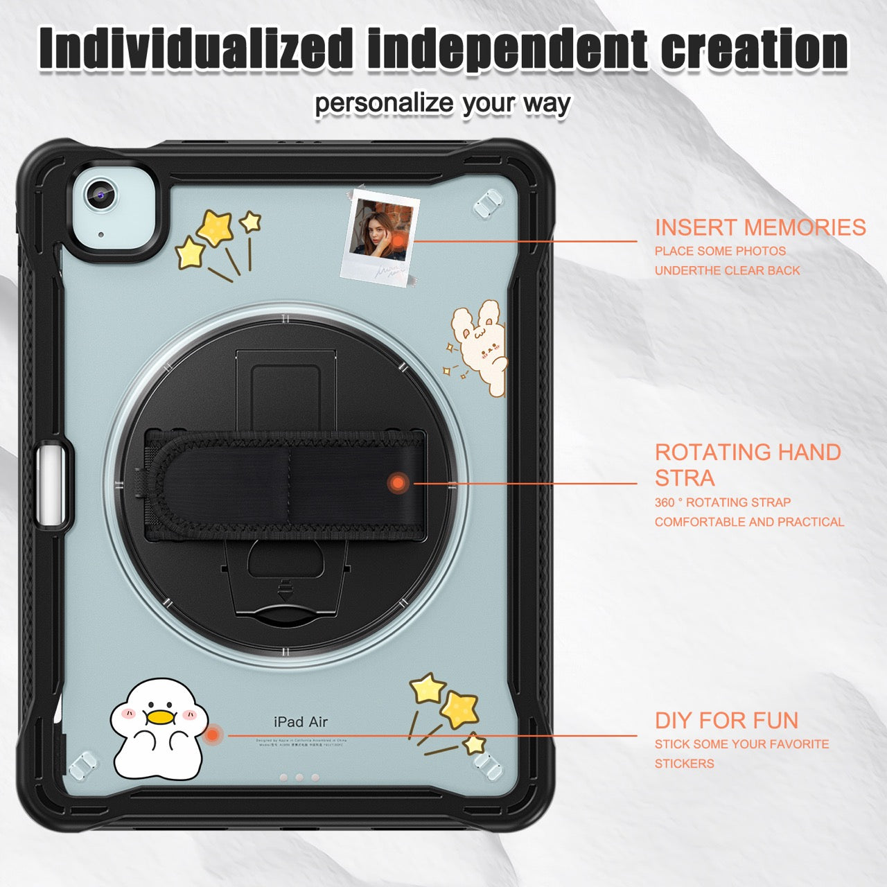 iPad Air 11" / 10.9" Rugged Case - 360° Stand, Hand & Shoulder Strap - Shockproof (M2/M3/M4) - Black