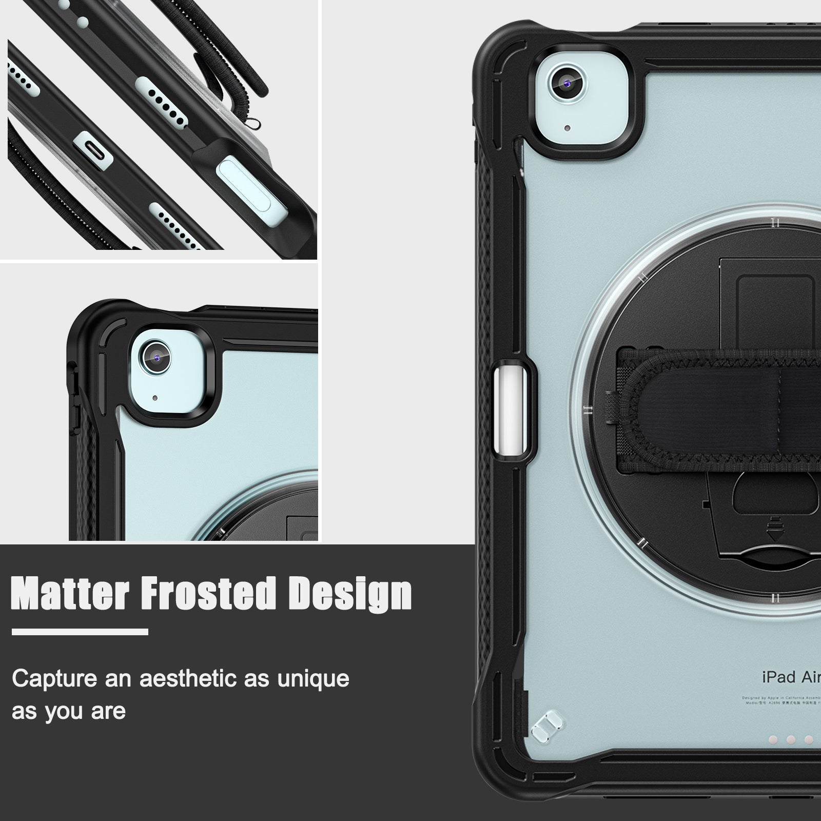 iPad Air 11" / 10.9" Rugged Case - 360° Stand, Hand & Shoulder Strap - Shockproof (M2/M3/M4) - Black