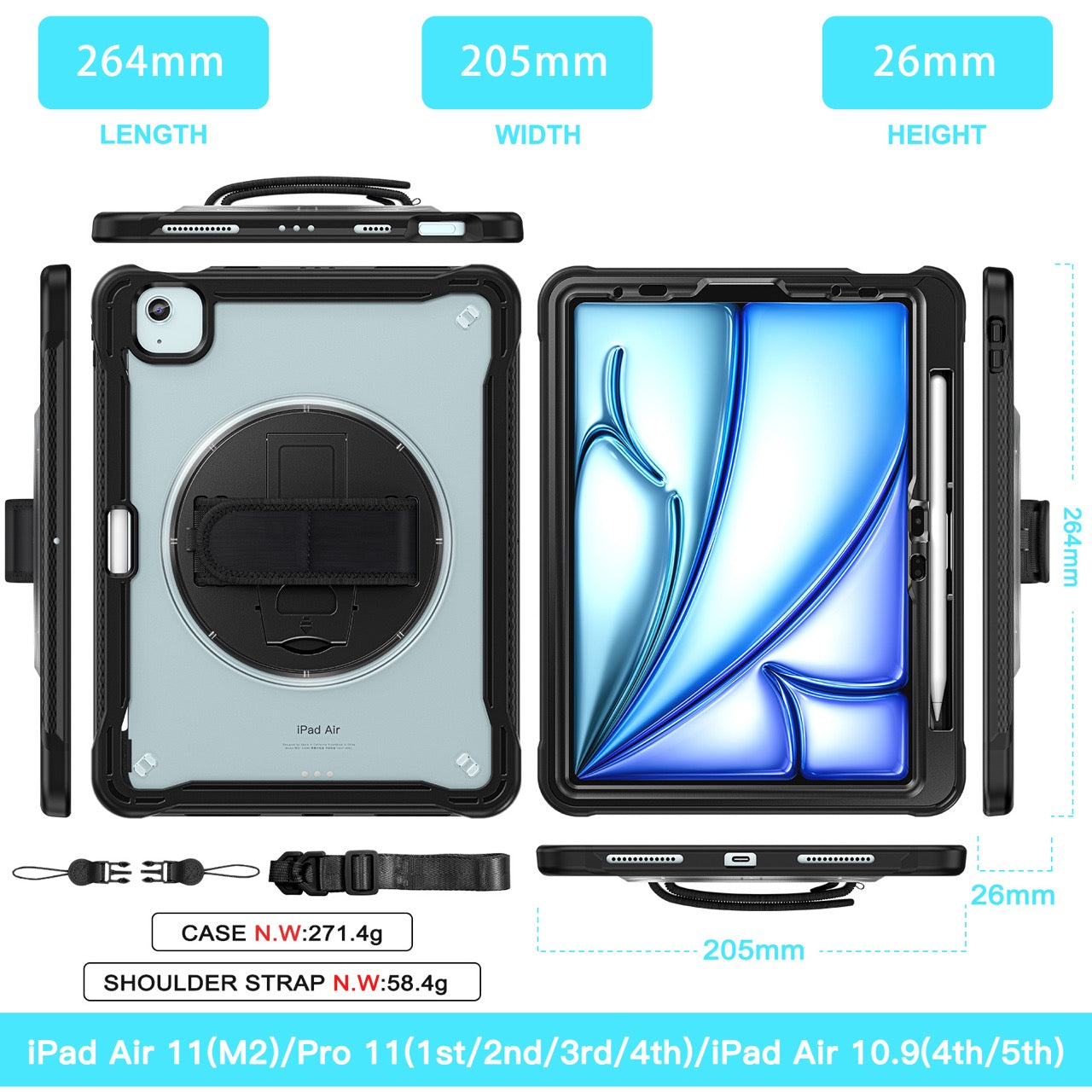 iPad Air 11" / 10.9" Rugged Case - 360° Stand, Hand & Shoulder Strap - Shockproof (M2/M3/M4) - Black