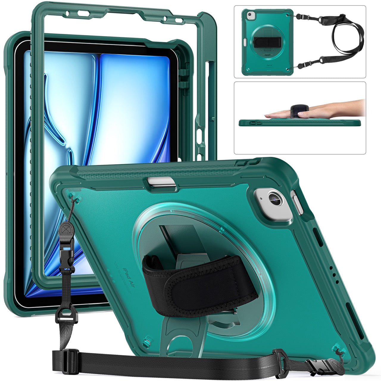 iPad Air 11" / 10.9" Rugged Case - 360° Stand, Hand & Shoulder Strap - Shockproof (M2/M3/M4) - Green