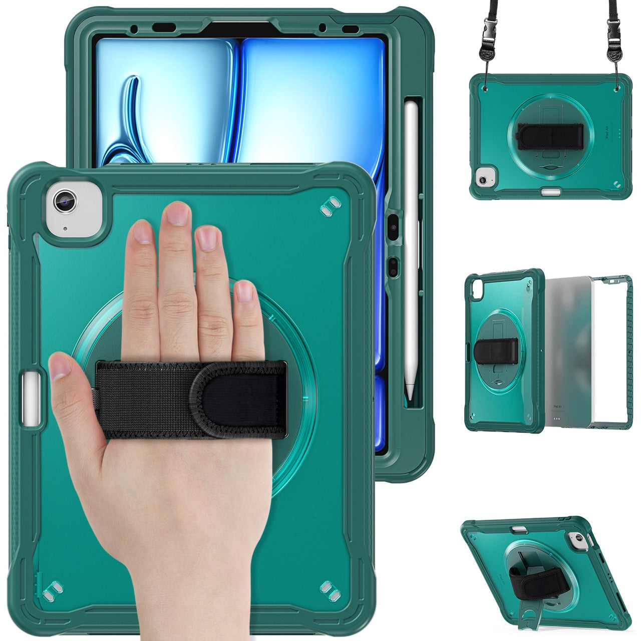 iPad Air 11" / 10.9" Rugged Case - 360° Stand, Hand & Shoulder Strap - Shockproof (M2/M3/M4) - Green