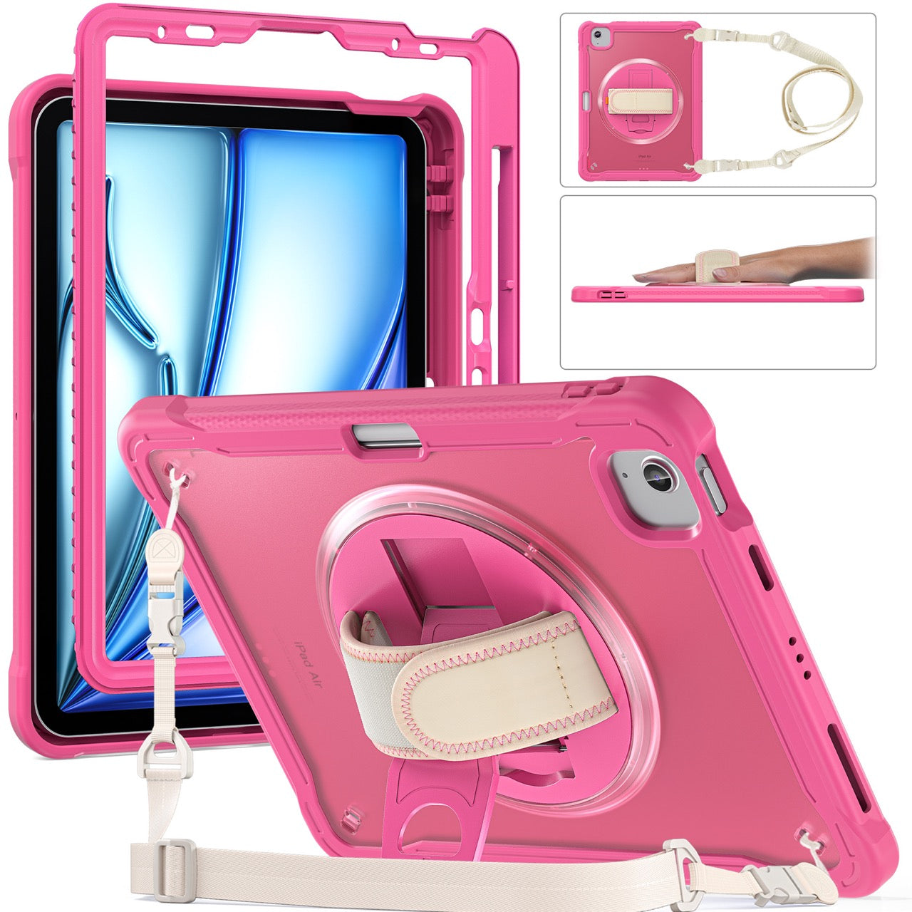 iPad Air 11" / 10.9" Rugged Case - 360° Stand, Hand & Shoulder Strap - Shockproof (M2/M3/M4) - Rose