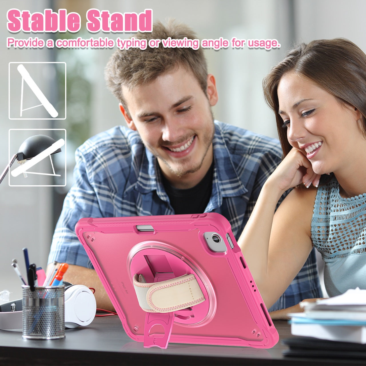 iPad Air 11" / 10.9" Rugged Case - 360° Stand, Hand & Shoulder Strap - Shockproof (M2/M3/M4) - Rose