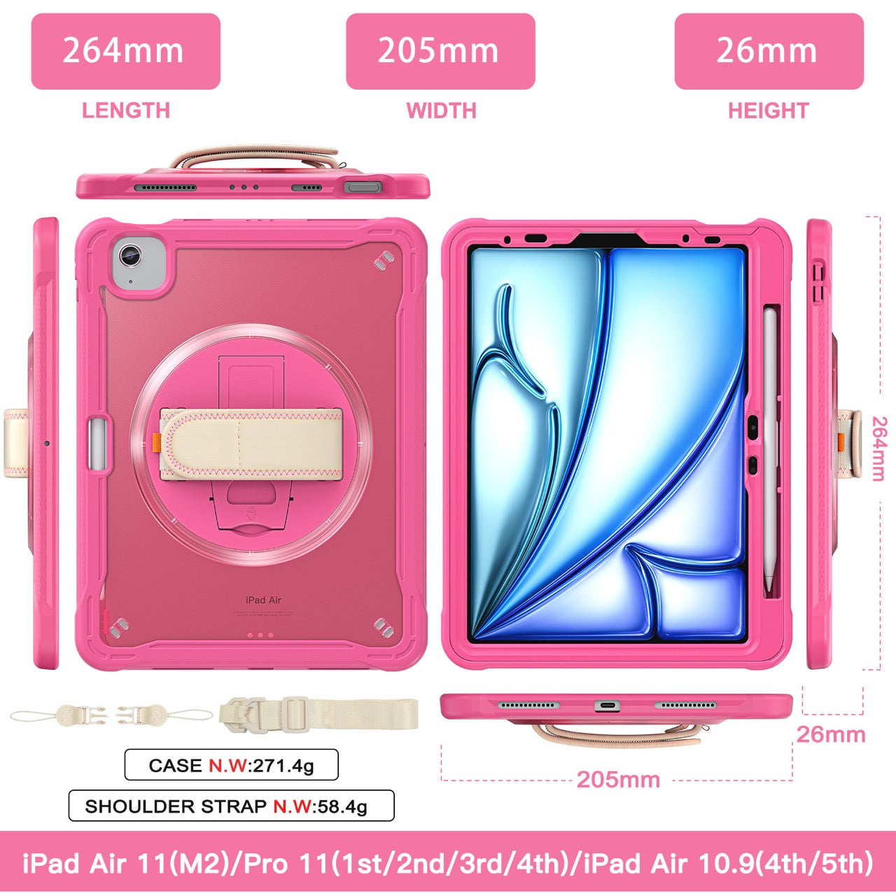 iPad Air 11" / 10.9" Rugged Case - 360° Stand, Hand & Shoulder Strap - Shockproof (M2/M3/M4) - Rose