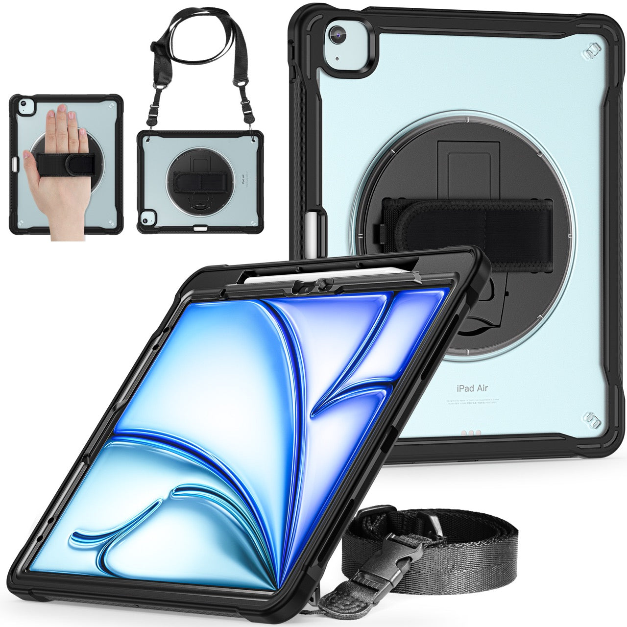 iPad Air 13" Rugged Case (M2/M3/M4) - 360° Stand, Hand & Shoulder Strap - Shockproof - Black