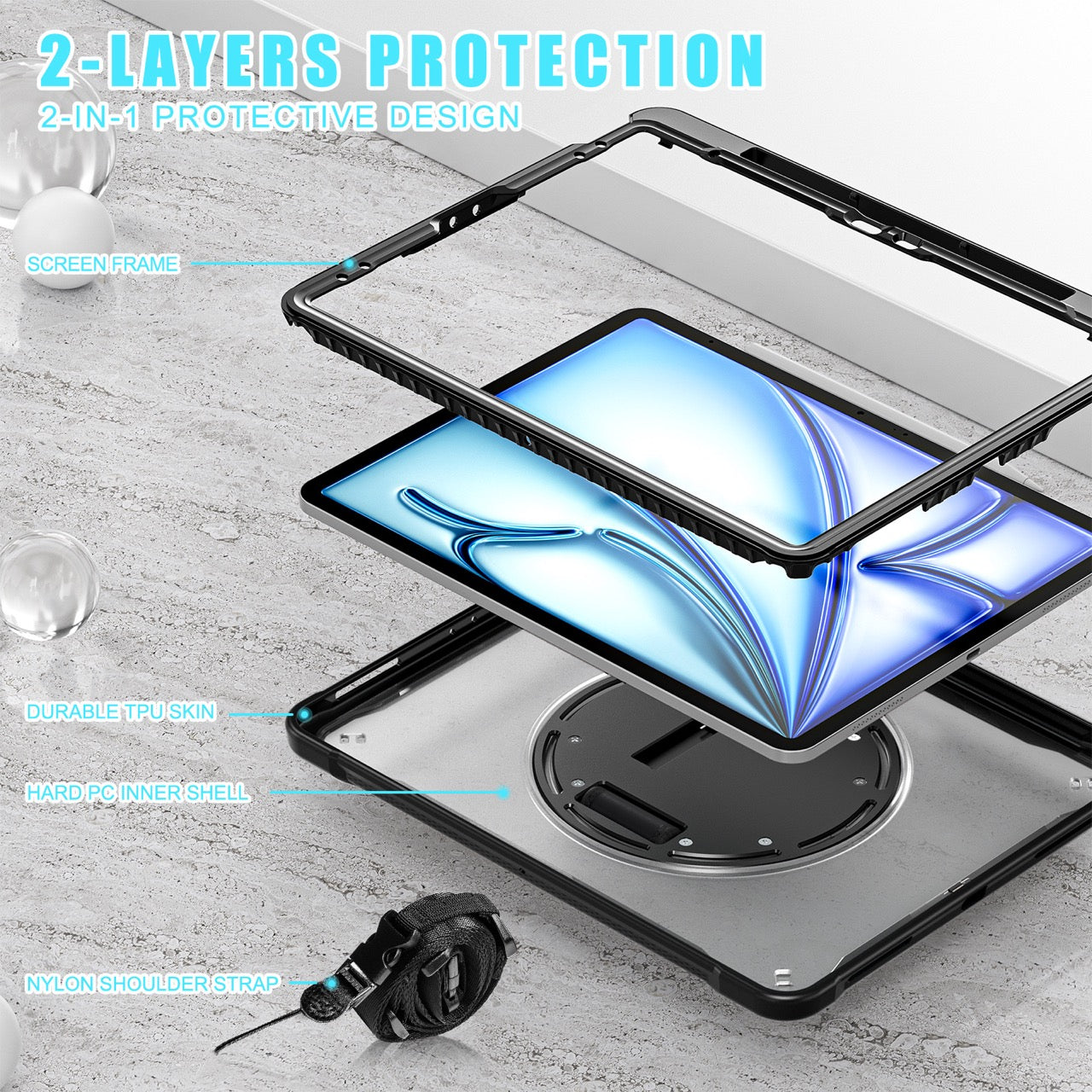 iPad Air 13" Rugged Case (M2/M3/M4) - 360° Stand, Hand & Shoulder Strap - Shockproof - Black